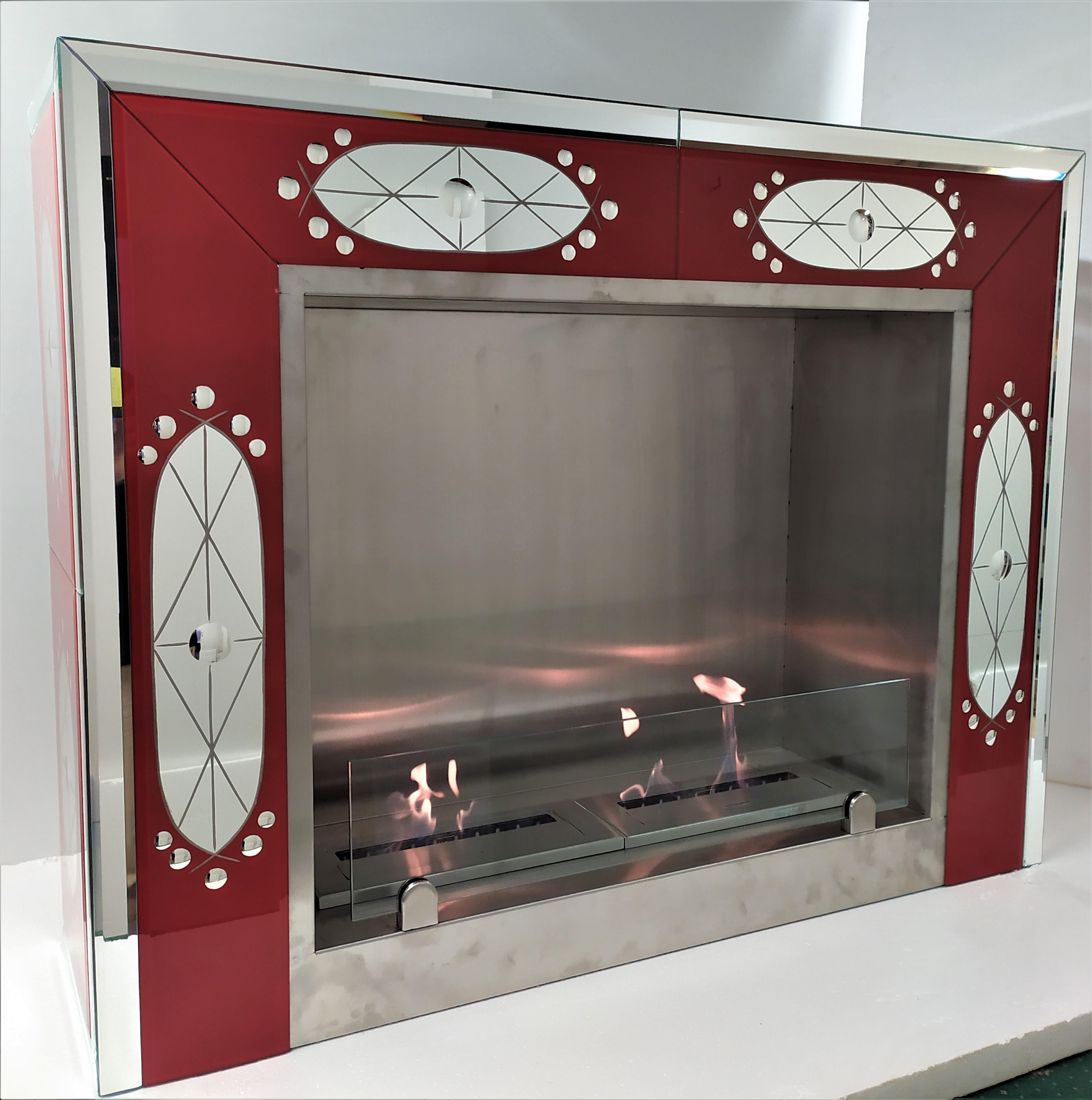 Bioethanol fireplace in silver mirror with pure silver and decorated in red color, produced by Fratelli Tosi on the Murano Glass Island carved, beveled and hand-engraved with pure silver on the inside engraved, and on the outside decorated in red