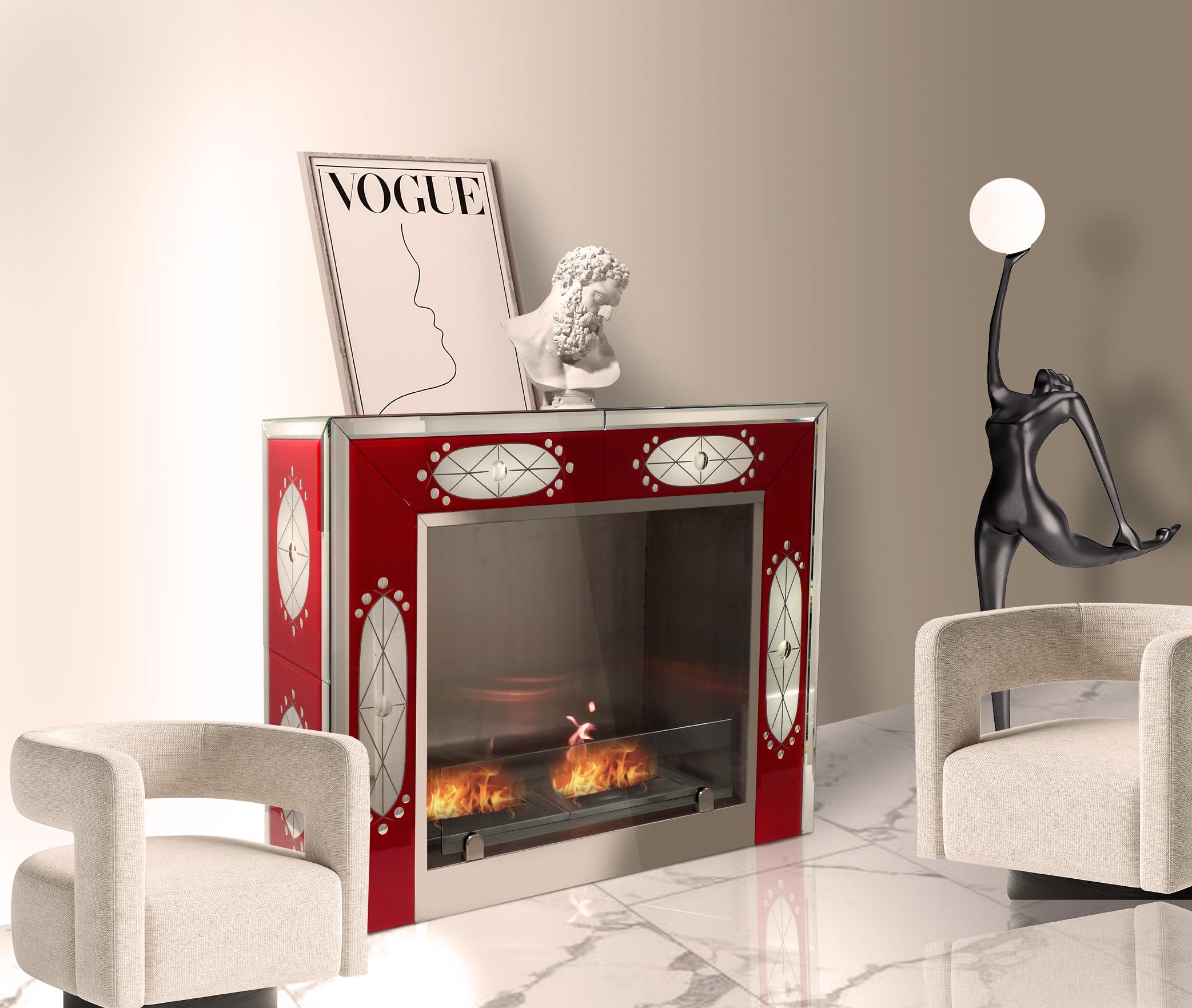 Engraved Bioethanol Fireplace in Red Color, Murano Glass Mirror by Fratelli Tosi For Sale