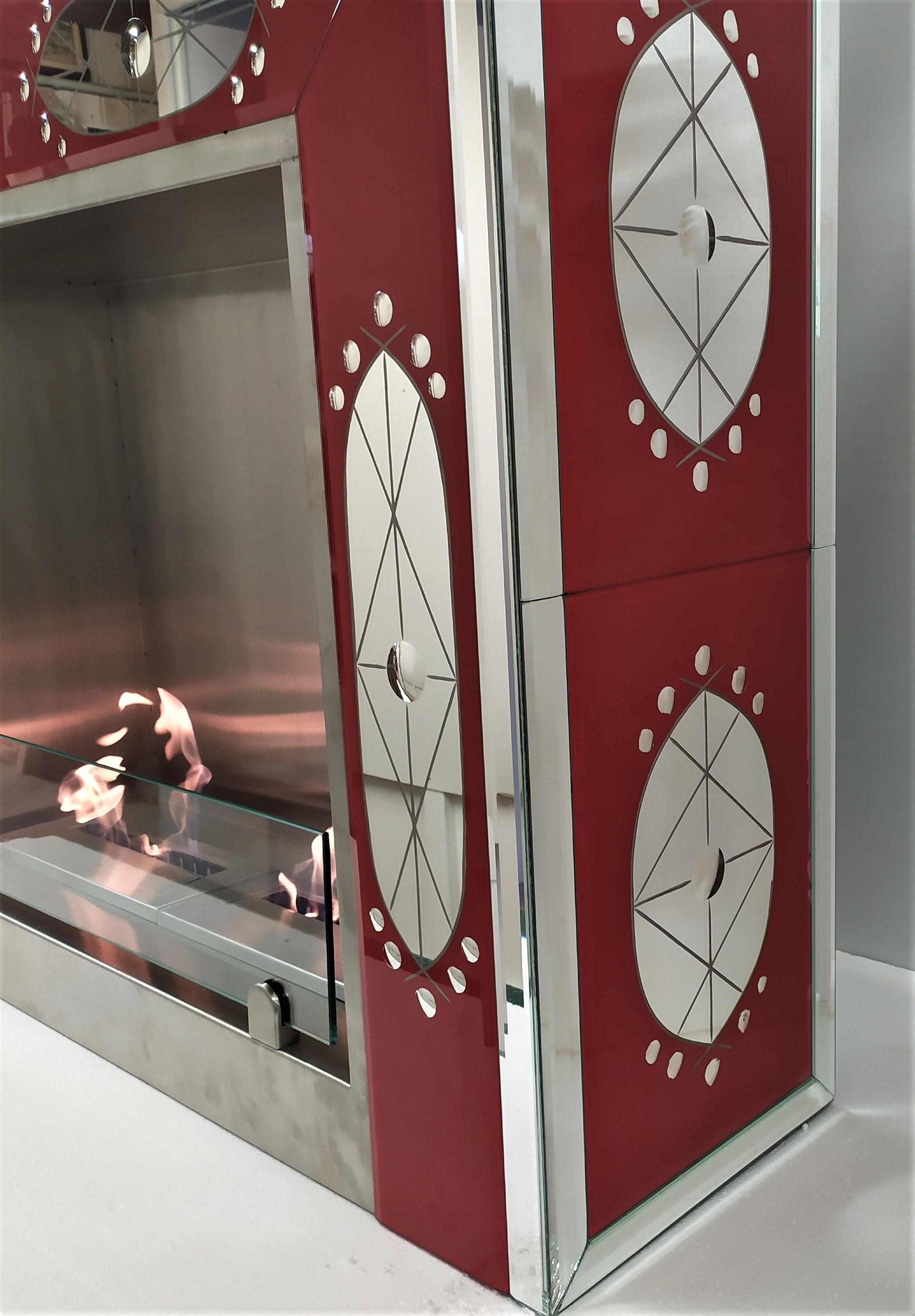 Bioethanol Fireplace in Red Color, Murano Glass Mirror by Fratelli Tosi For Sale 5