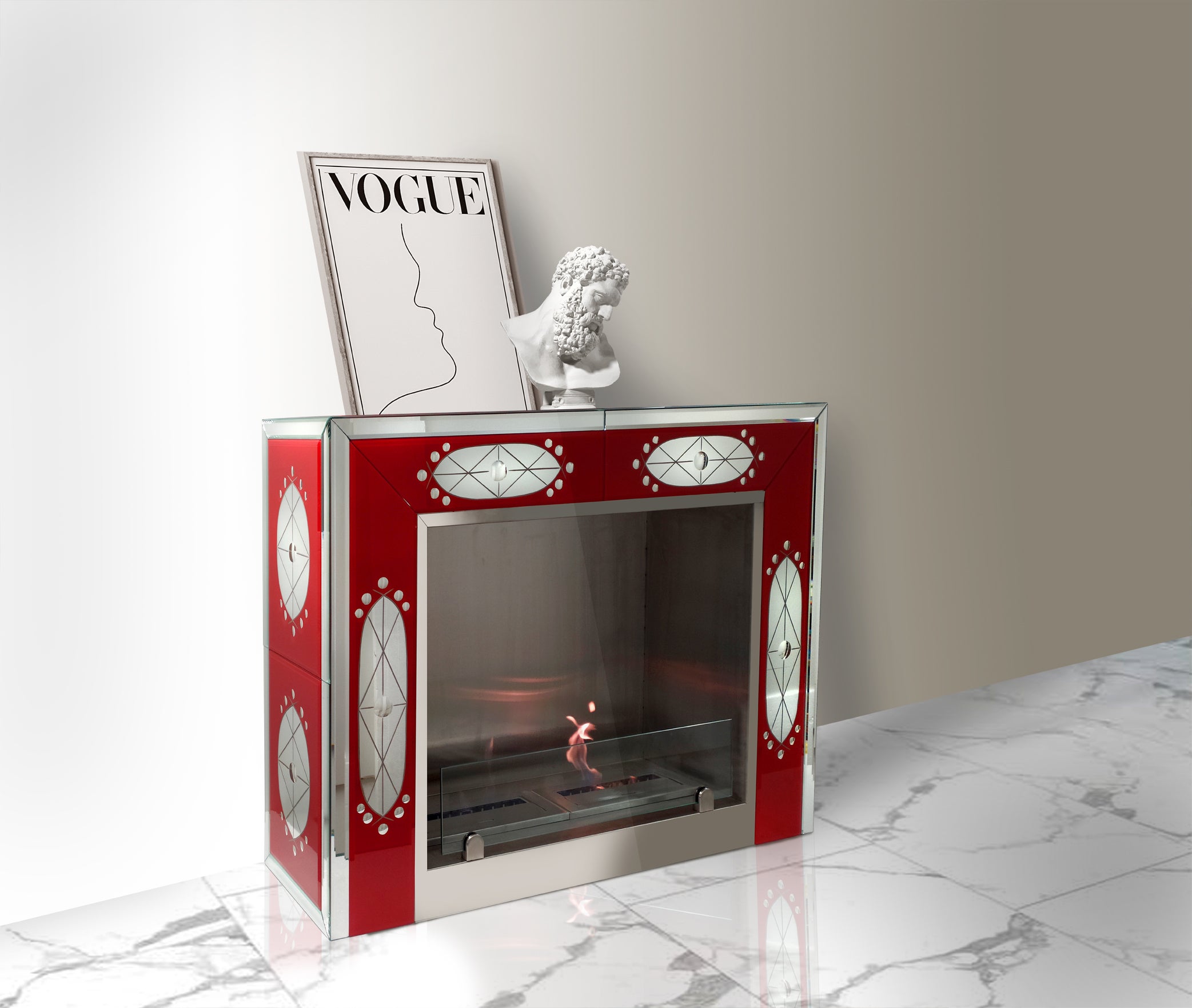 Bioethanol Fireplace in Red Color, Murano Glass Mirror by Fratelli Tosi