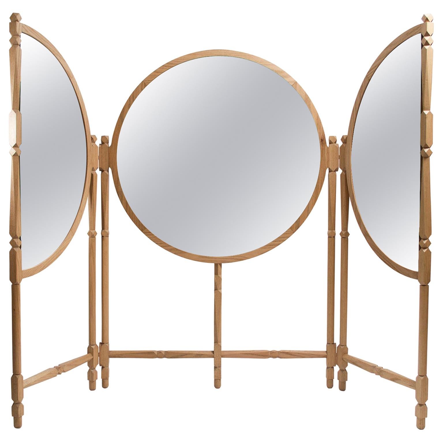 Biombo Contemporary Oak, Natural and Copper-Smoked Glass Floor Mirror Triptych For Sale