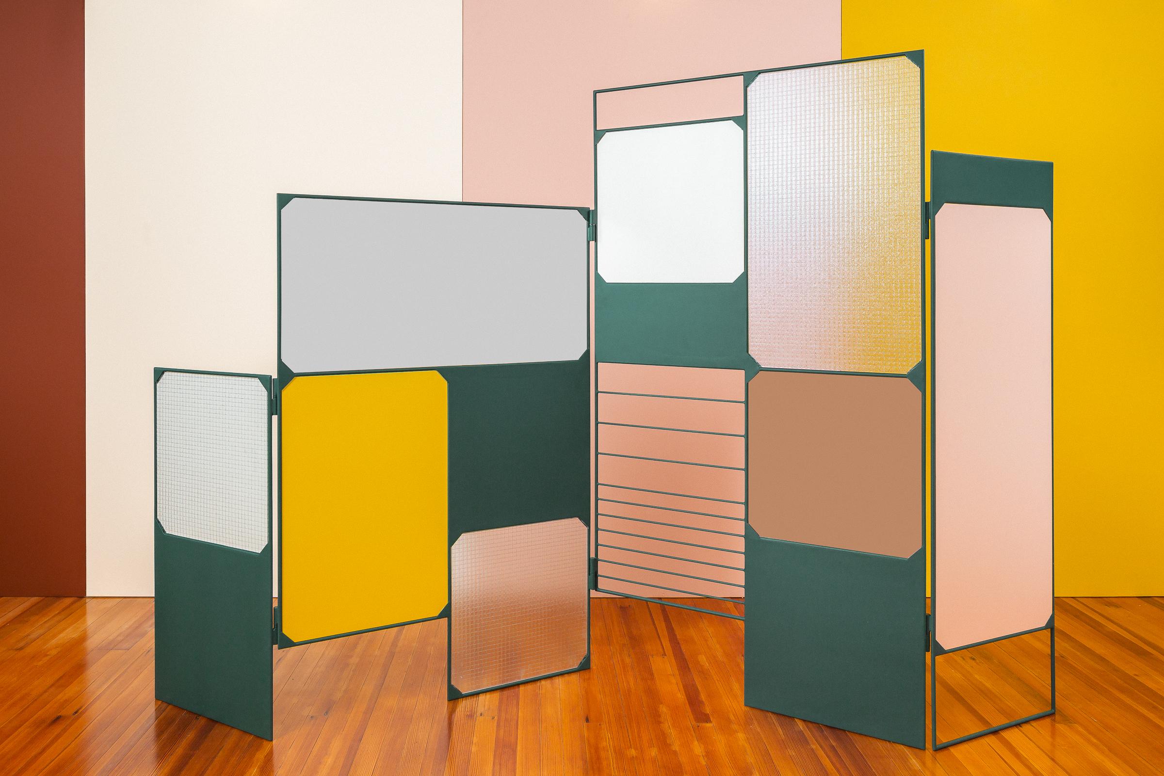 Welcome Biombo Room Divider by Sofia Alvarado
Unique piece
Materials: Metal base, Guayacan wood, mirror glass
Dimensions: 185cm (H) x 300cm (W)

FI is an ornamental artist who embodies the creative revelation of the sensitivity of the innate being,