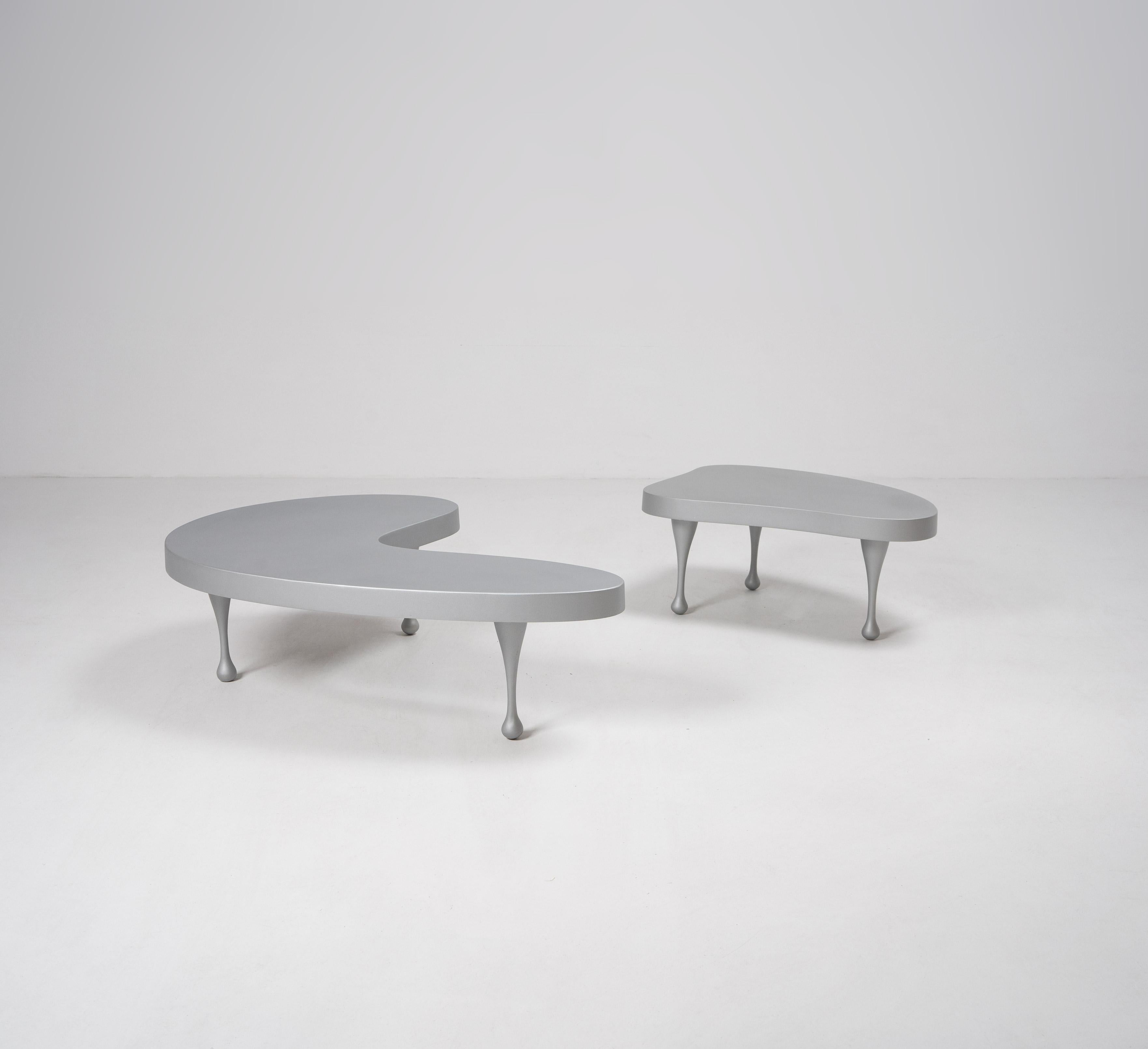 A late 20th century re-edition of Frederick Keisler's 1930's design. Composed of two low, cast aluminium tables, organic freeform in shape. 

Dimensions (cm, approx):

Large Table
Height: 25
Width: 89
Depth: 64

Small Table

Height: 25
Width: