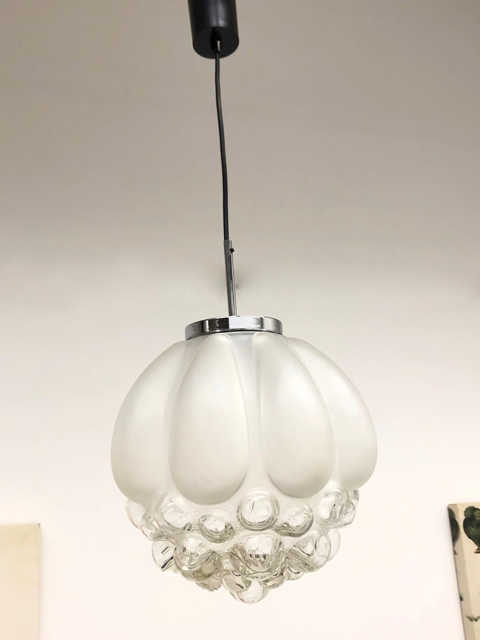 A nice satin and clear glass pendant ceiling light. Attributed to Glashütte Limburg, Germany. The Pendant requires one European E27 Edison bulb, up to 100 watts. Glass part measures approximate 11