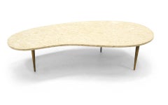 Biomorphic Coffee Table Made in Italy Travertine Top and Three Bronze Legs