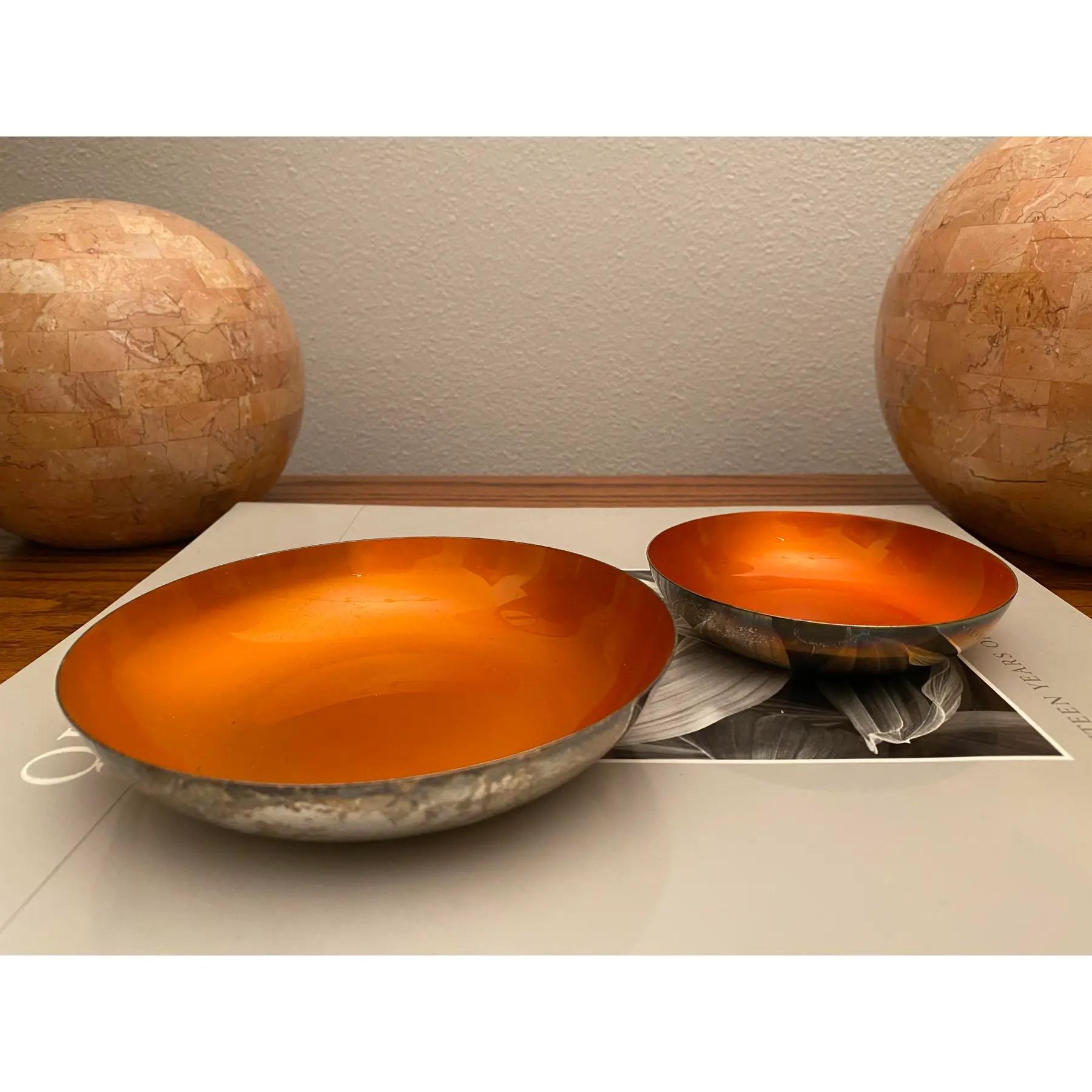 Biomorphic Enameled Silverplate Bowls on Tripod Legs (Denmark), A Pair For Sale 9
