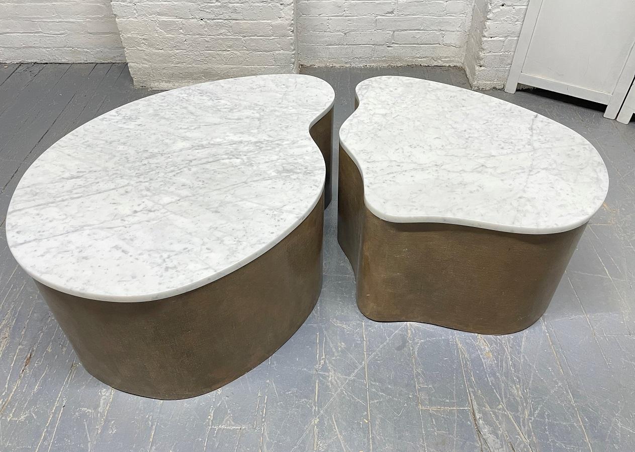 Biomorphic Grasscloth and Carrara Marble-Top Coffee Table For Sale 1