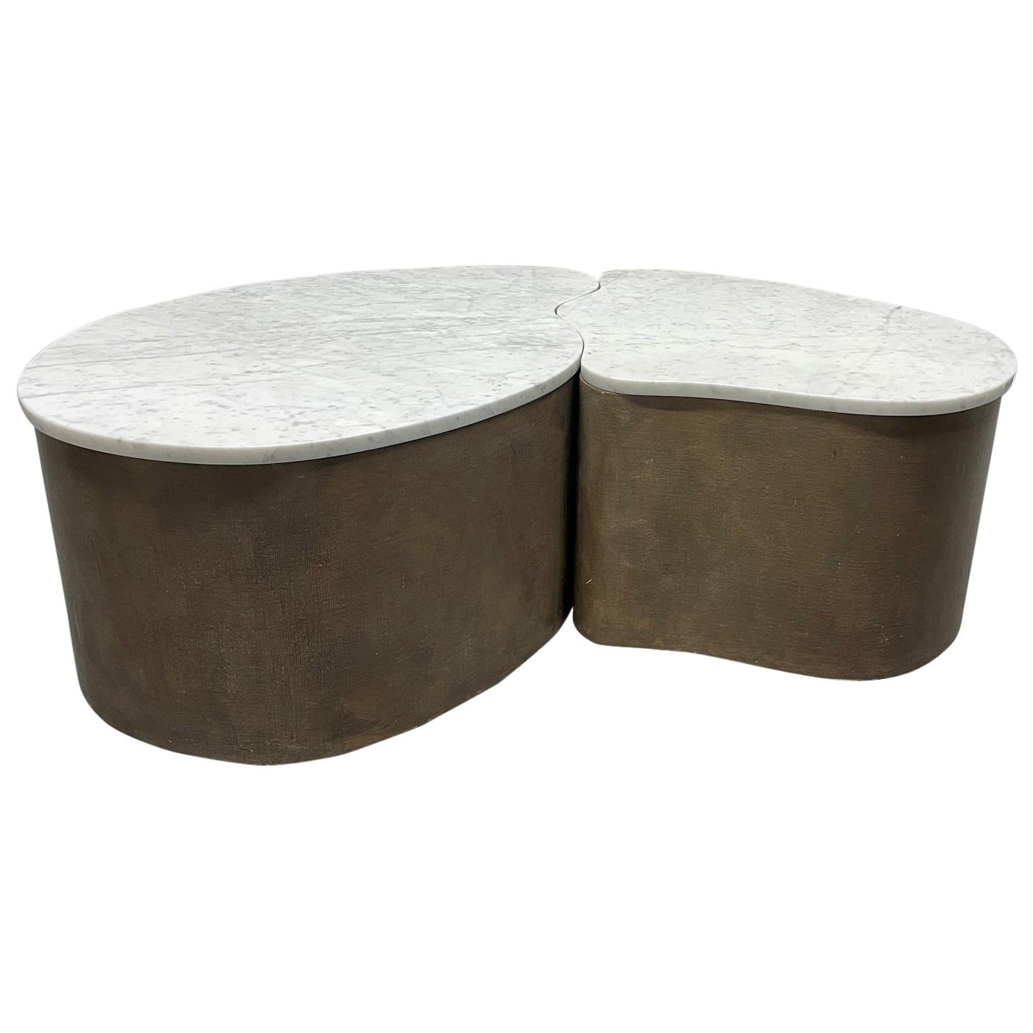 Biomorphic Grasscloth and Carrara Marble-Top Coffee Table For Sale