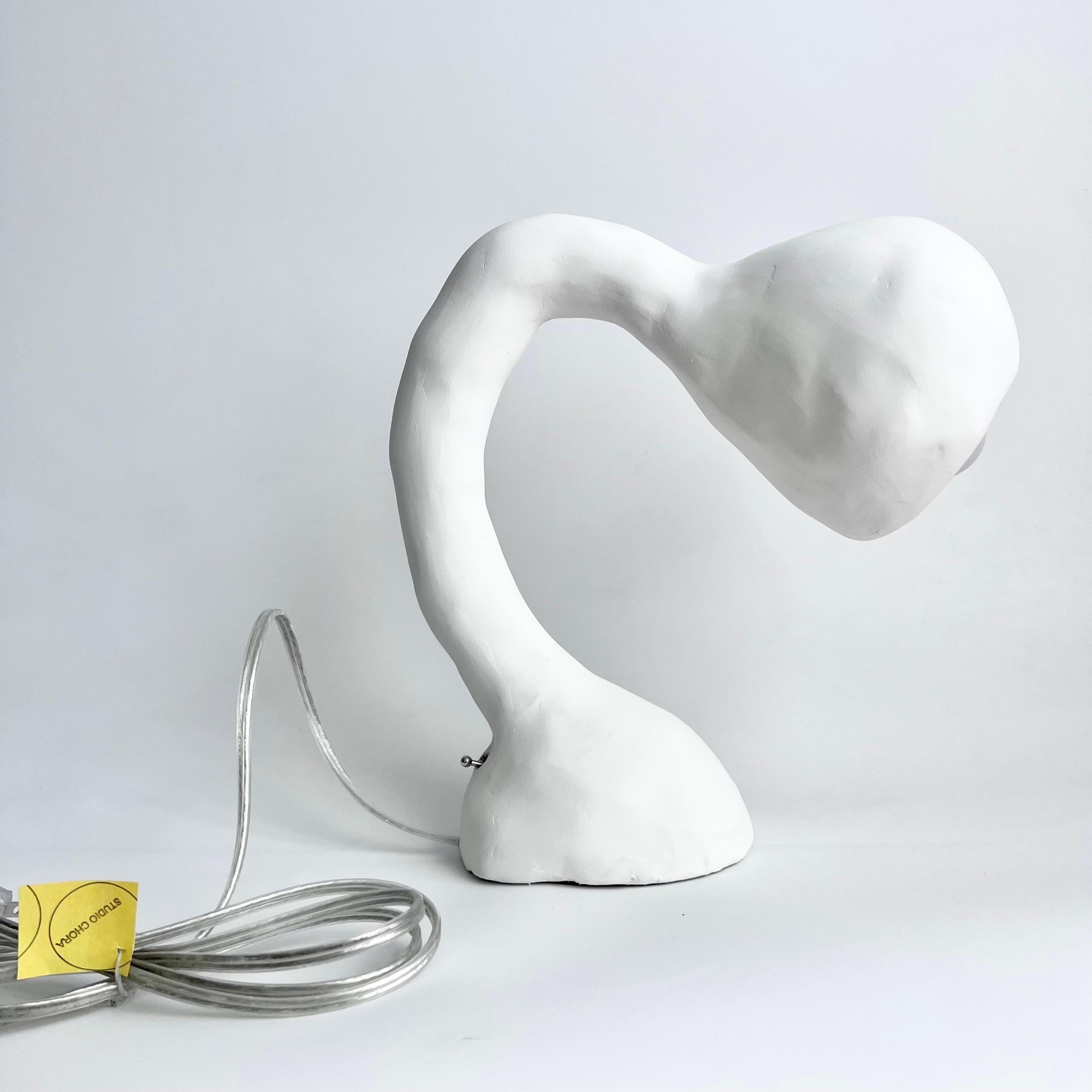 Carved Biomorphic Light by Studio Chora, Table Lamp, White Limestone, In Stock