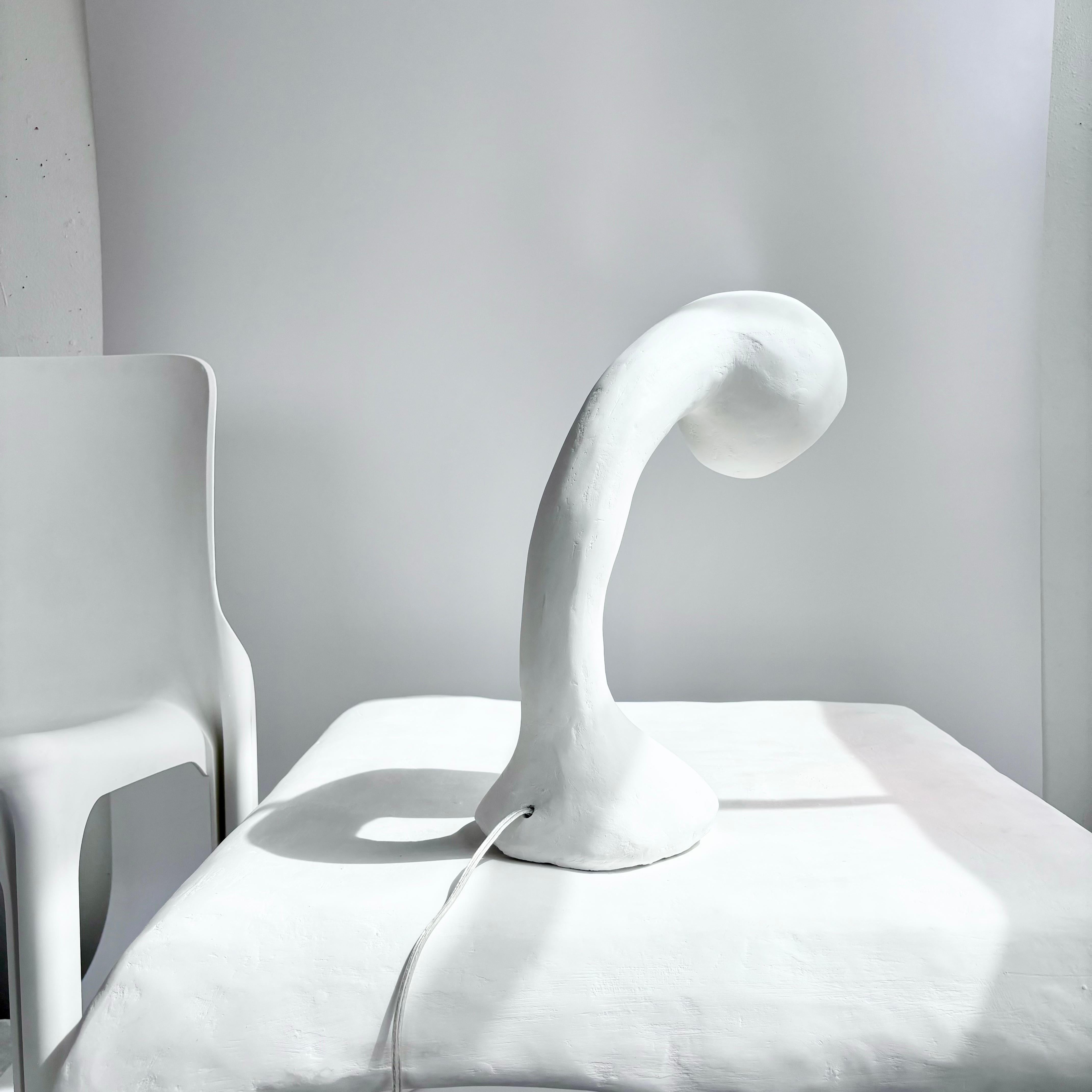 Hand-Carved Biomorphic Line by Studio Chora, Task Table Lamp, White Lime Plaster, In Stock For Sale