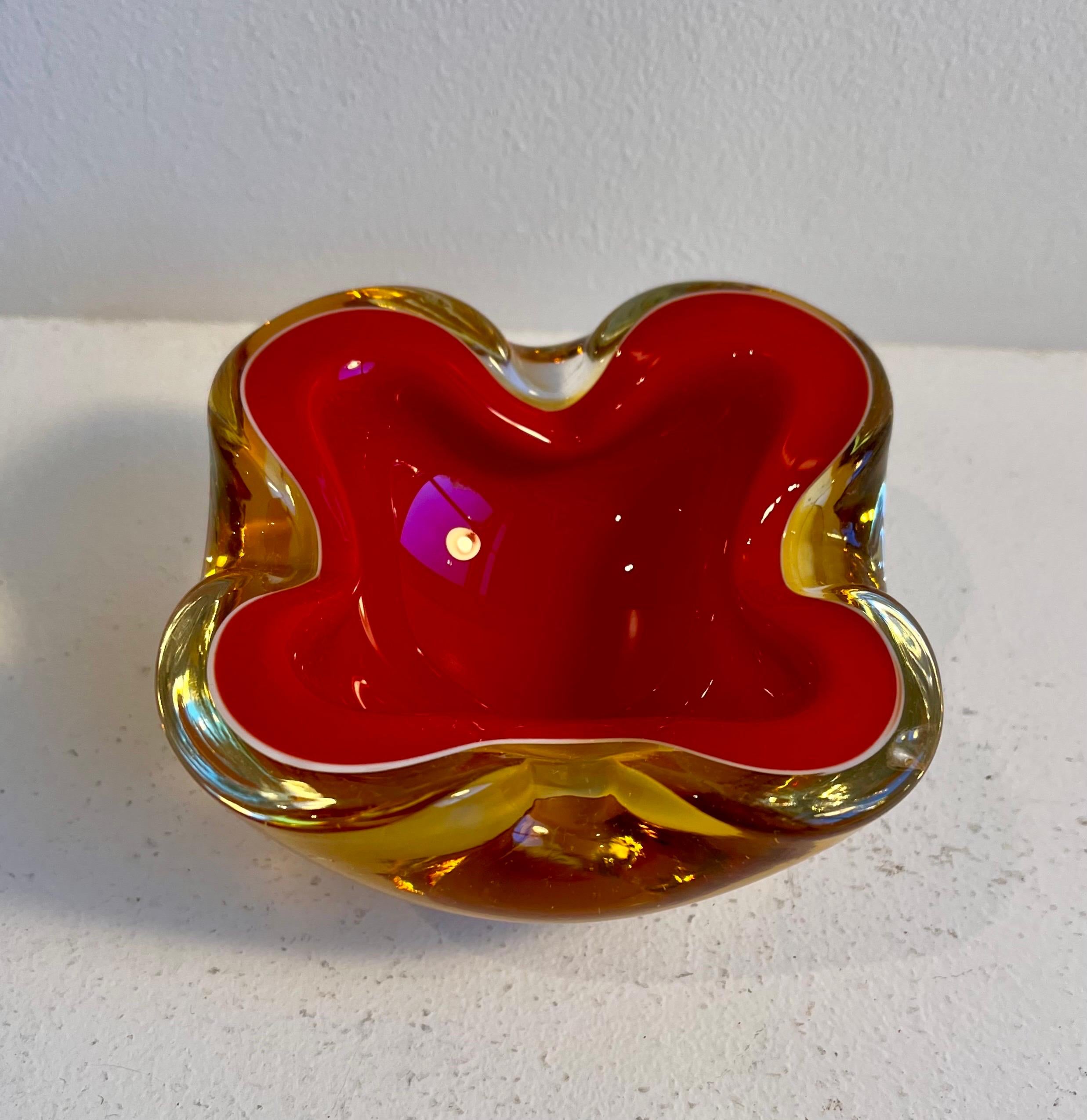 Biomorphic Murano Red, White and Amber Glass Vessel, circa 1970 2