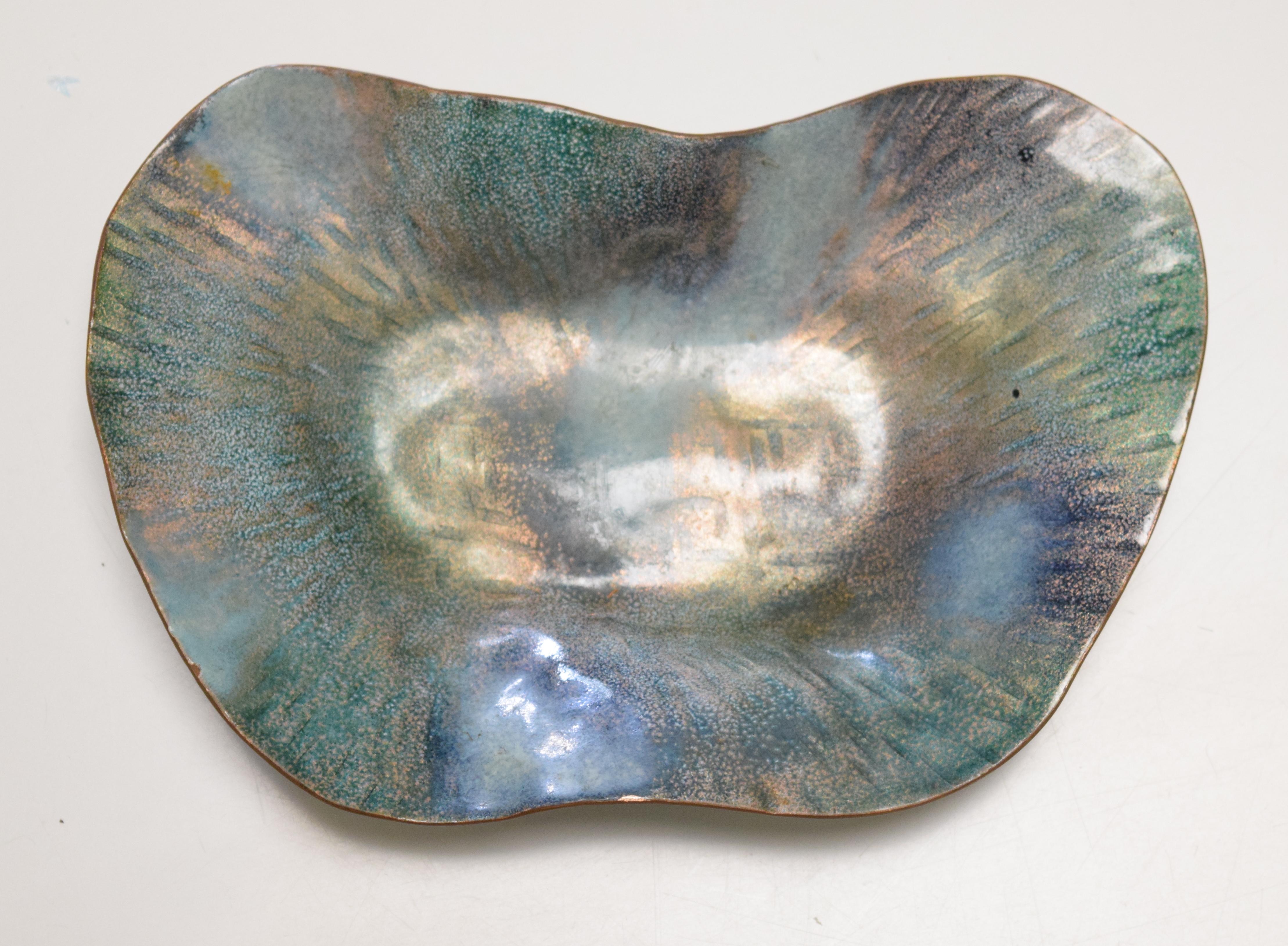 Store closing-- last day is 7/31. Offers welcome! Hand-hammered and fire-enameled copper dish executed in gauzy layers of blue, gold, green, and purple. Signed with Paolo De Poli label to reverse.