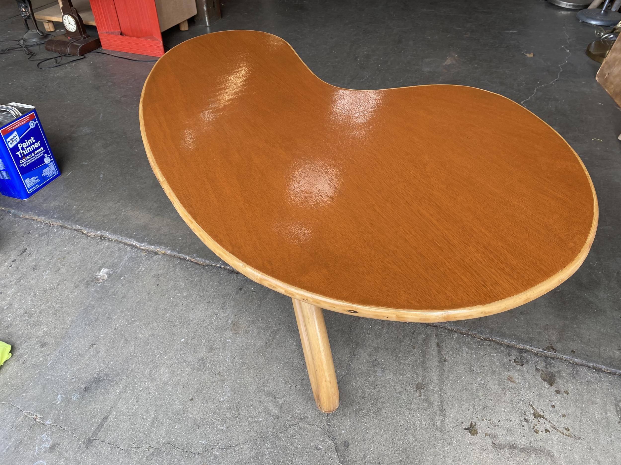 American Biomorphic Rattan and Mahogany Coffee Table with Loop Legs