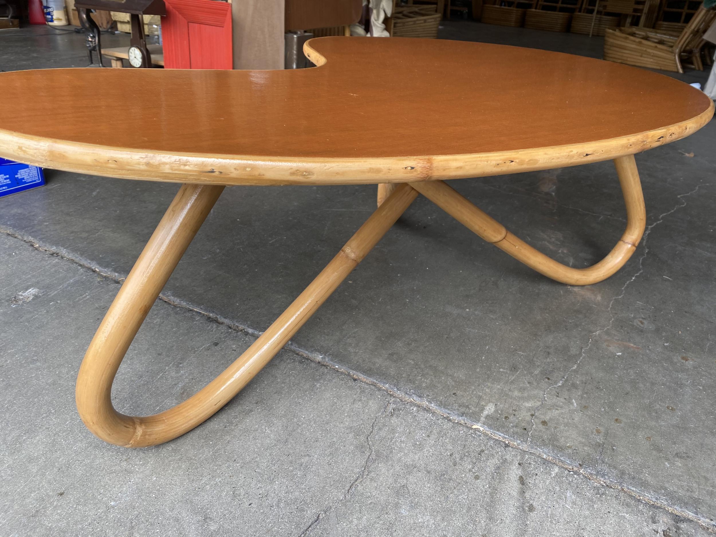 Mid-20th Century Biomorphic Rattan and Mahogany Coffee Table with Loop Legs