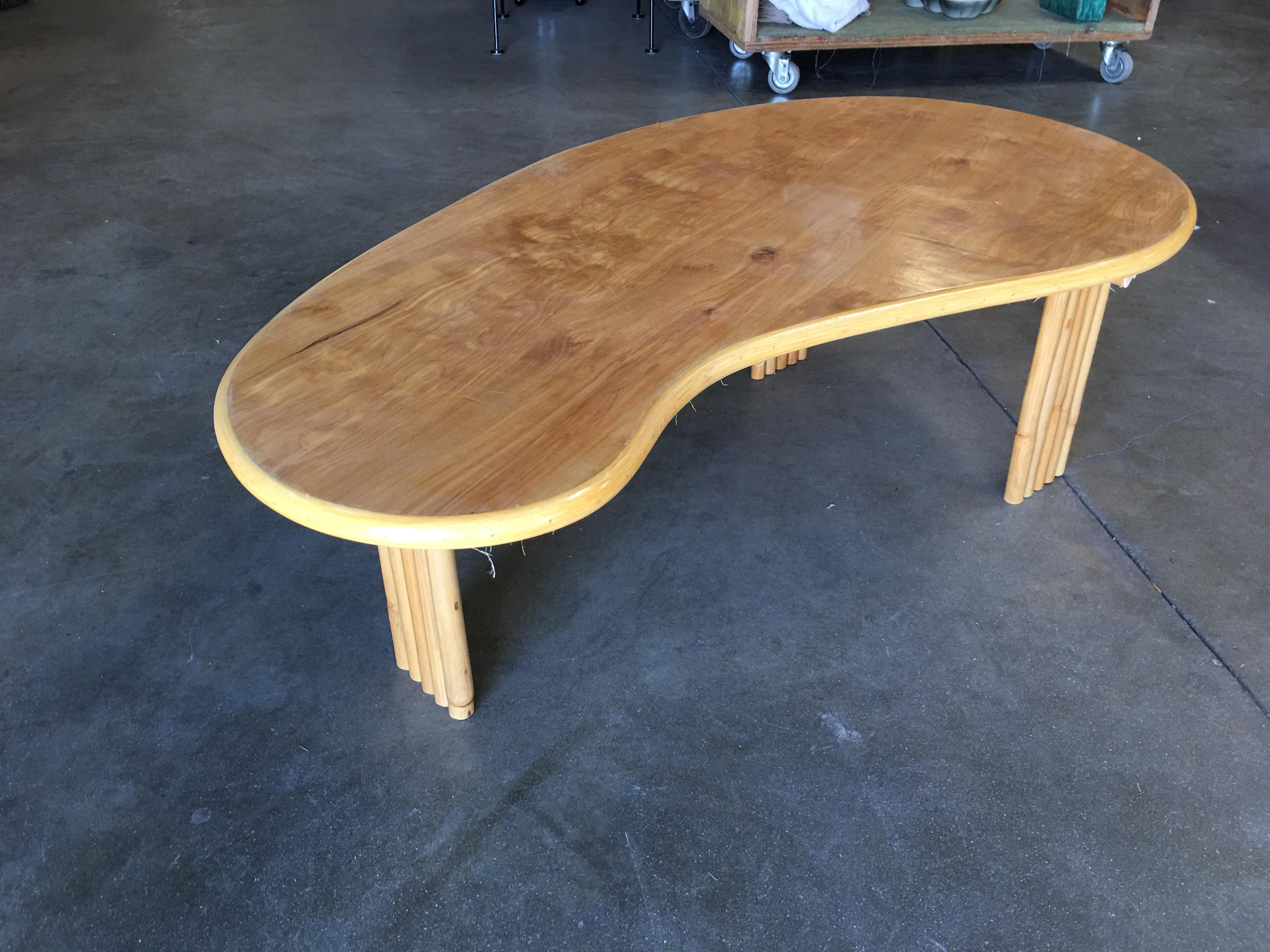 Mid-Century Modern Biomorphic Rattan Coffee Table with Wood Top