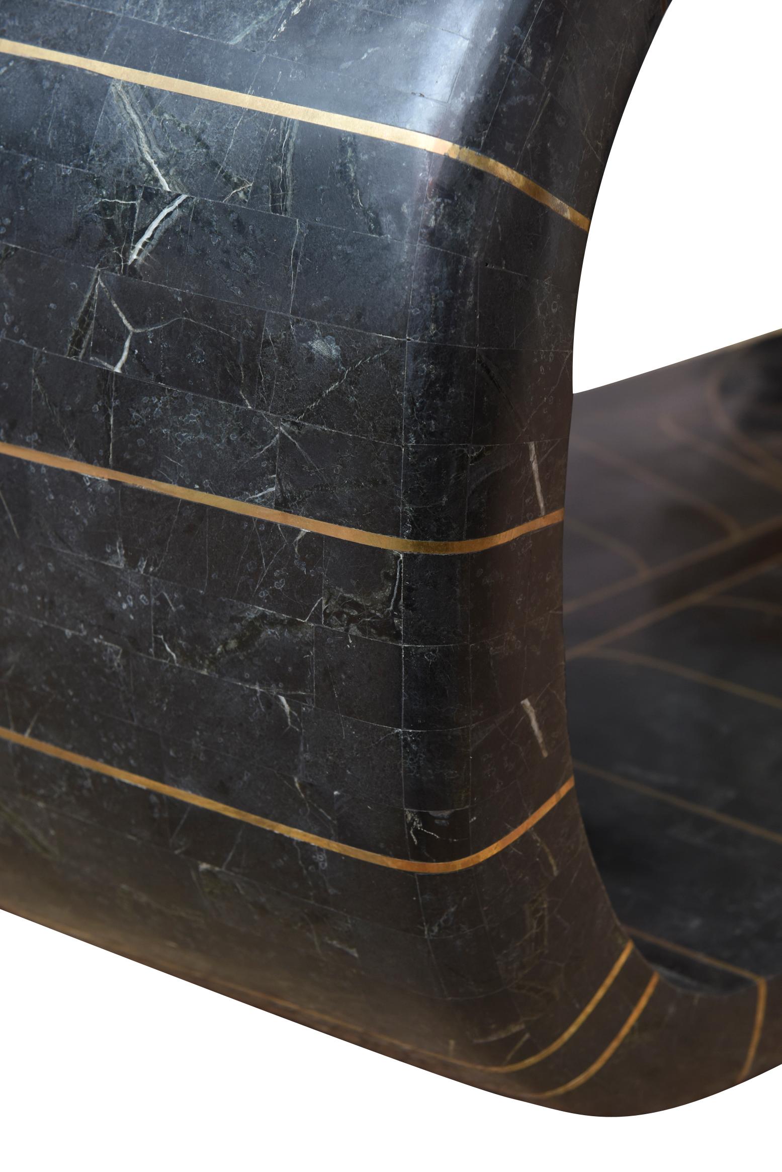 Late 20th Century Biomorphic Tessellated Black Stone and Inlaid Brass Sculptural Cocktail Table