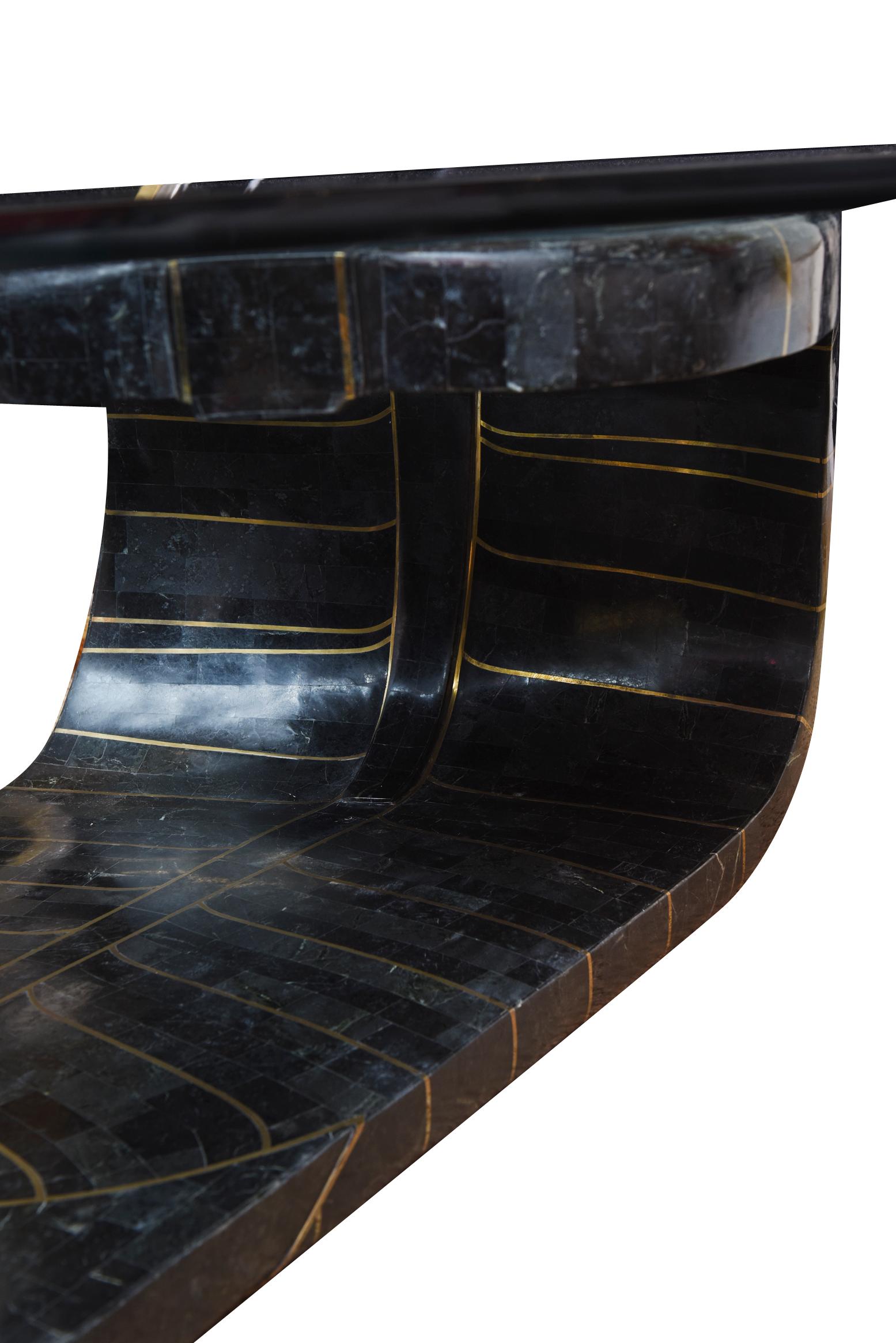 Biomorphic Tessellated Black Stone and Inlaid Brass Sculptural Cocktail Table 2