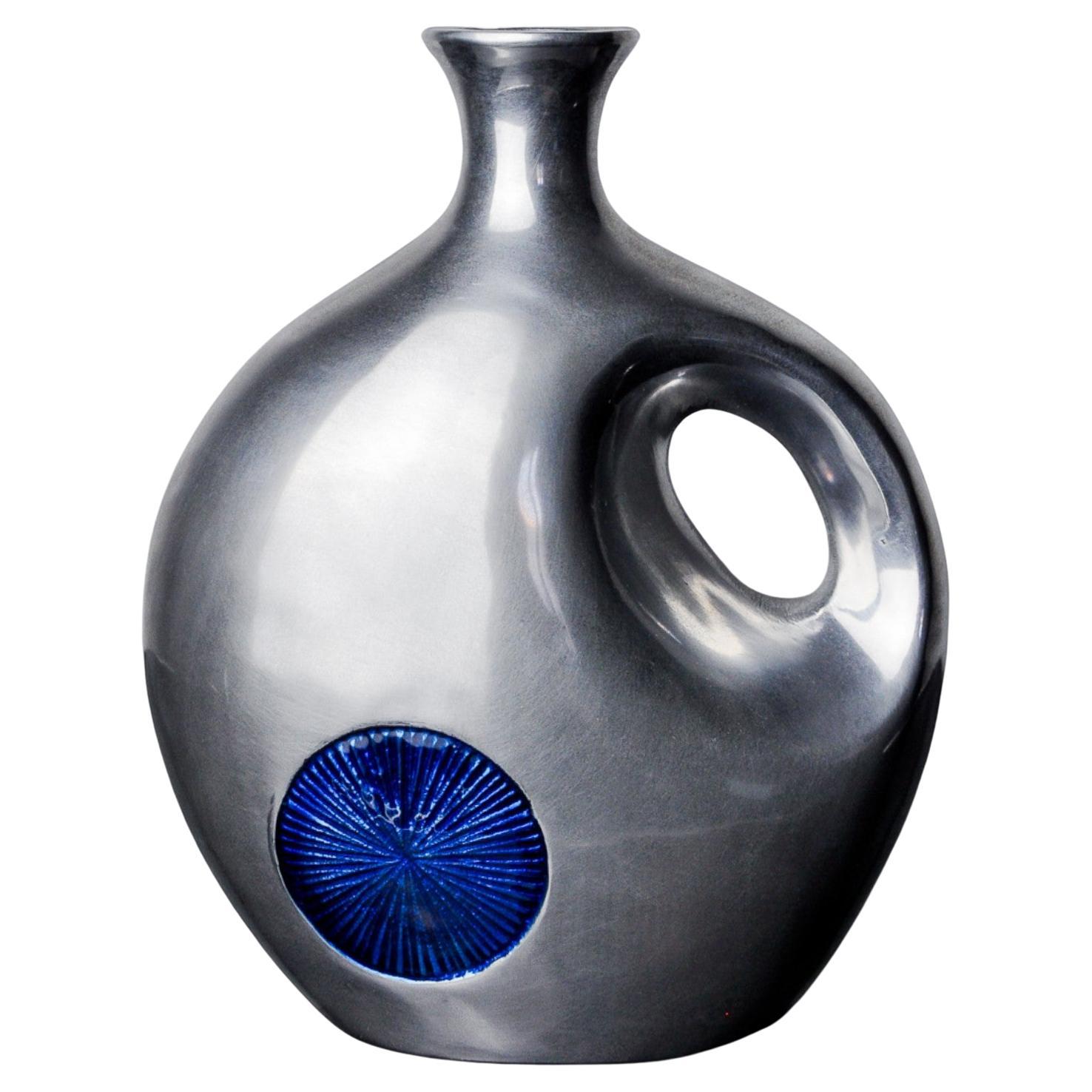 Biomorphic vase by Art3, aluminum and blue glazed ceramic, Spain, 1980 For Sale
