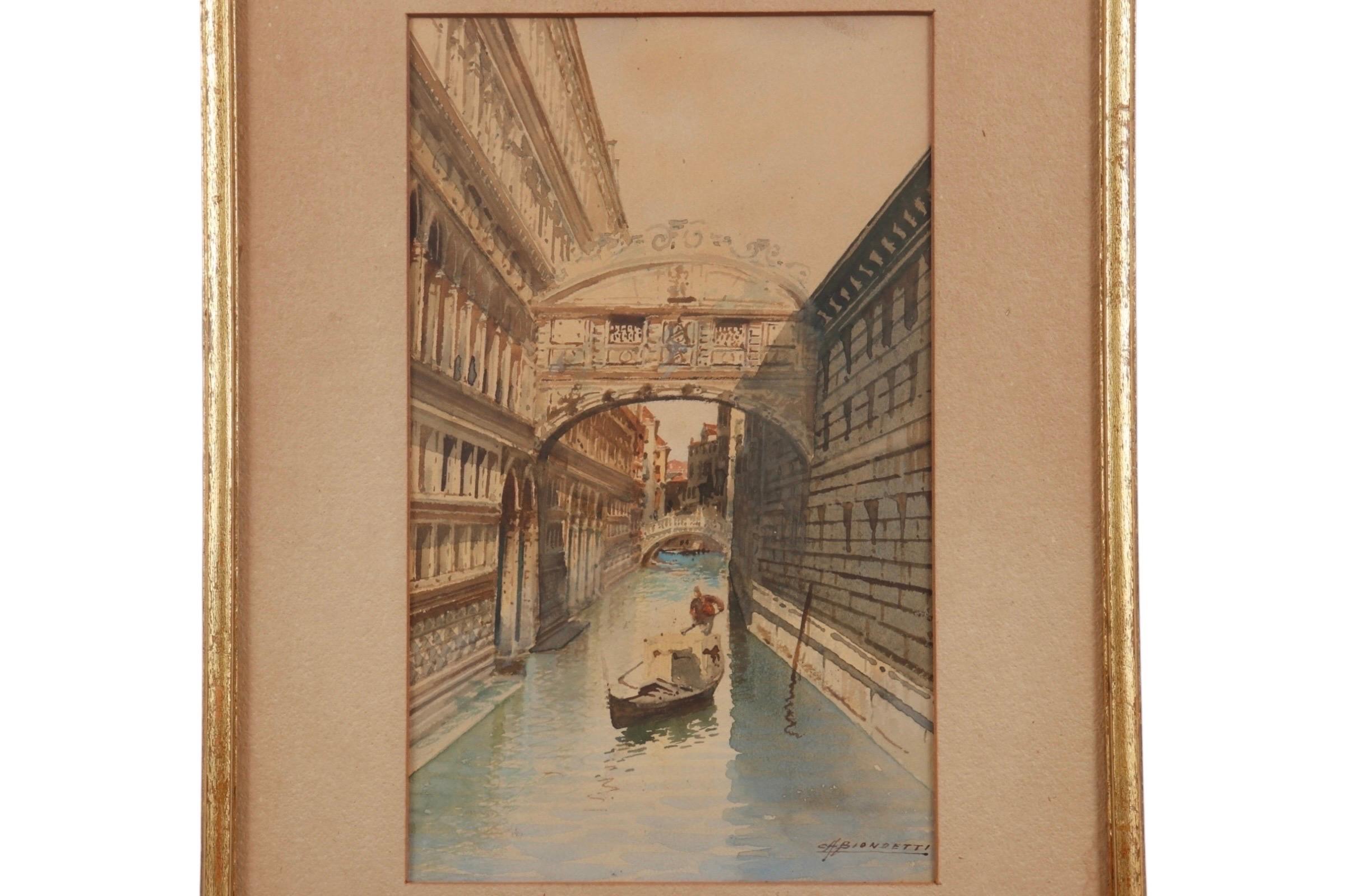 Ein originales venezianisches Aquarell des italienischen Künstlers Andrea Biondetti (geb. 1851-1946) aus der Jahrhundertwende. Das Gemälde mit dem Titel 
