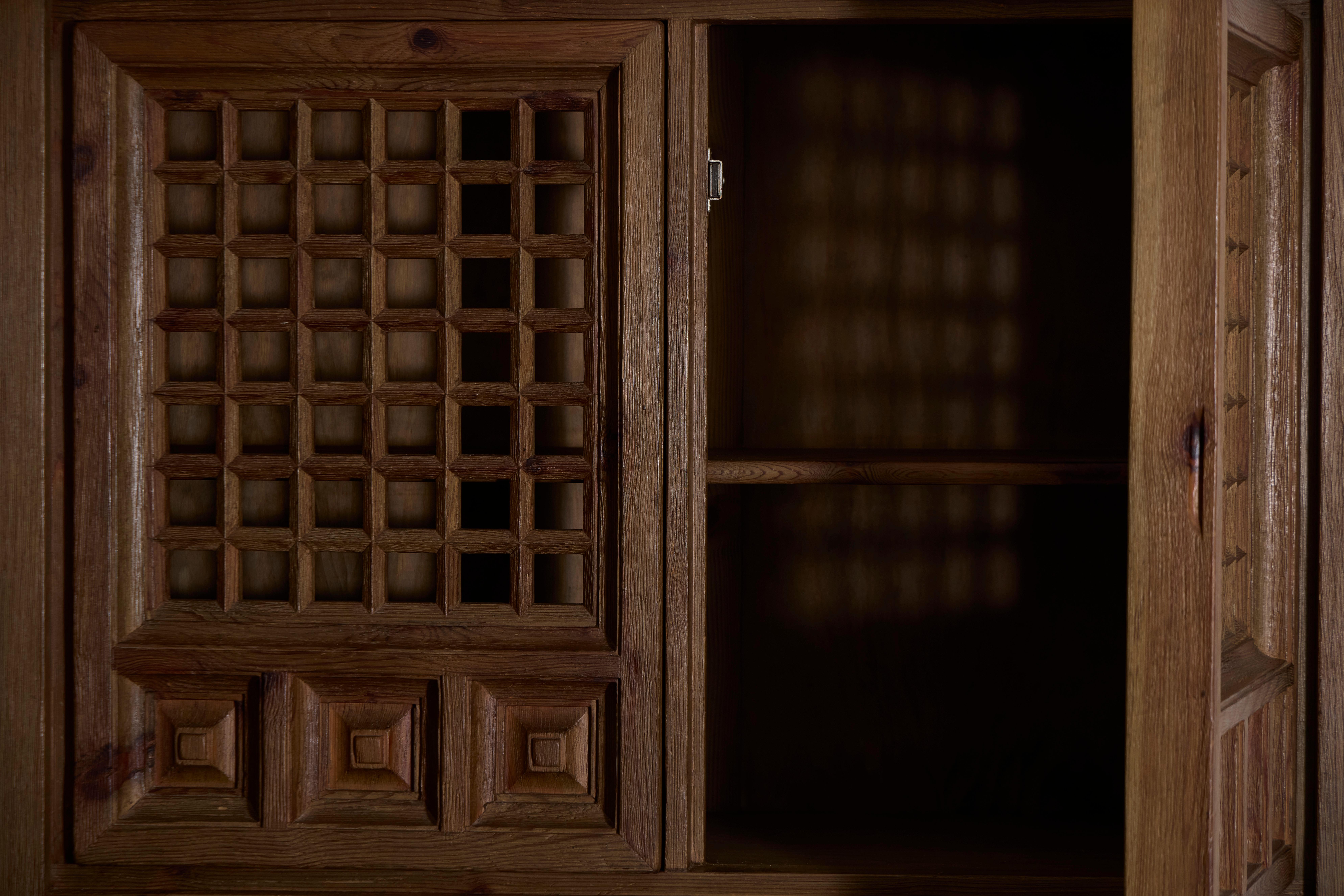 Stained Biosca Brutalist Highboard In Solid Pine, Spain 1960's For Sale