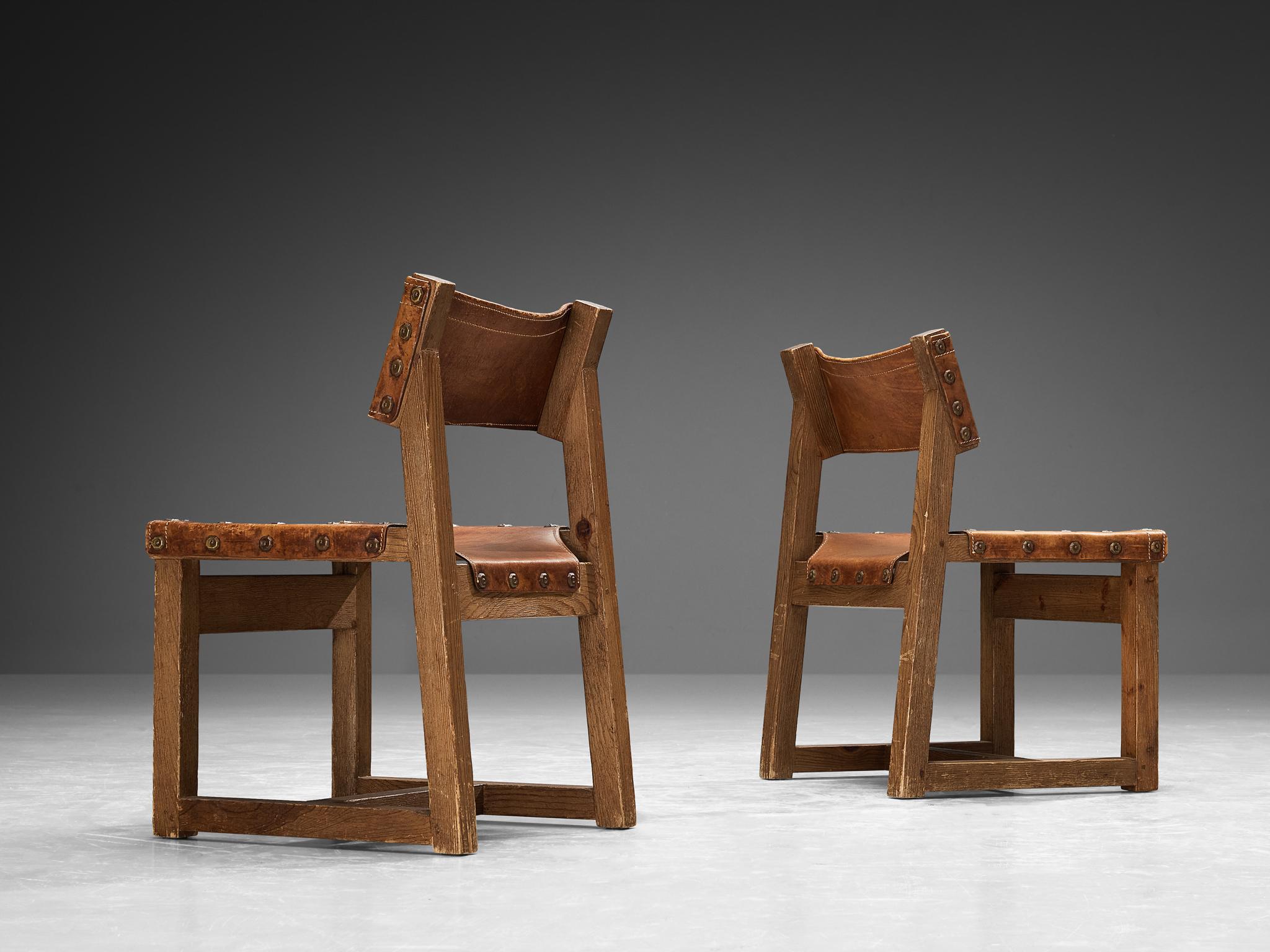 Mid-Century Modern Biosca Brutalist Spanish Dining Chairs in Leather and Oak  For Sale