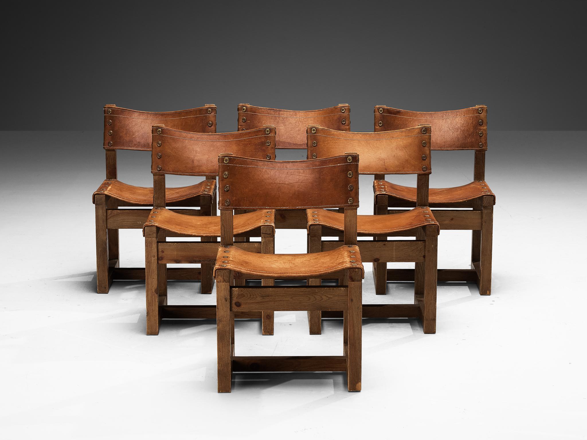 Brass Biosca Brutalist Spanish Dining Chairs in Leather and Oak  For Sale