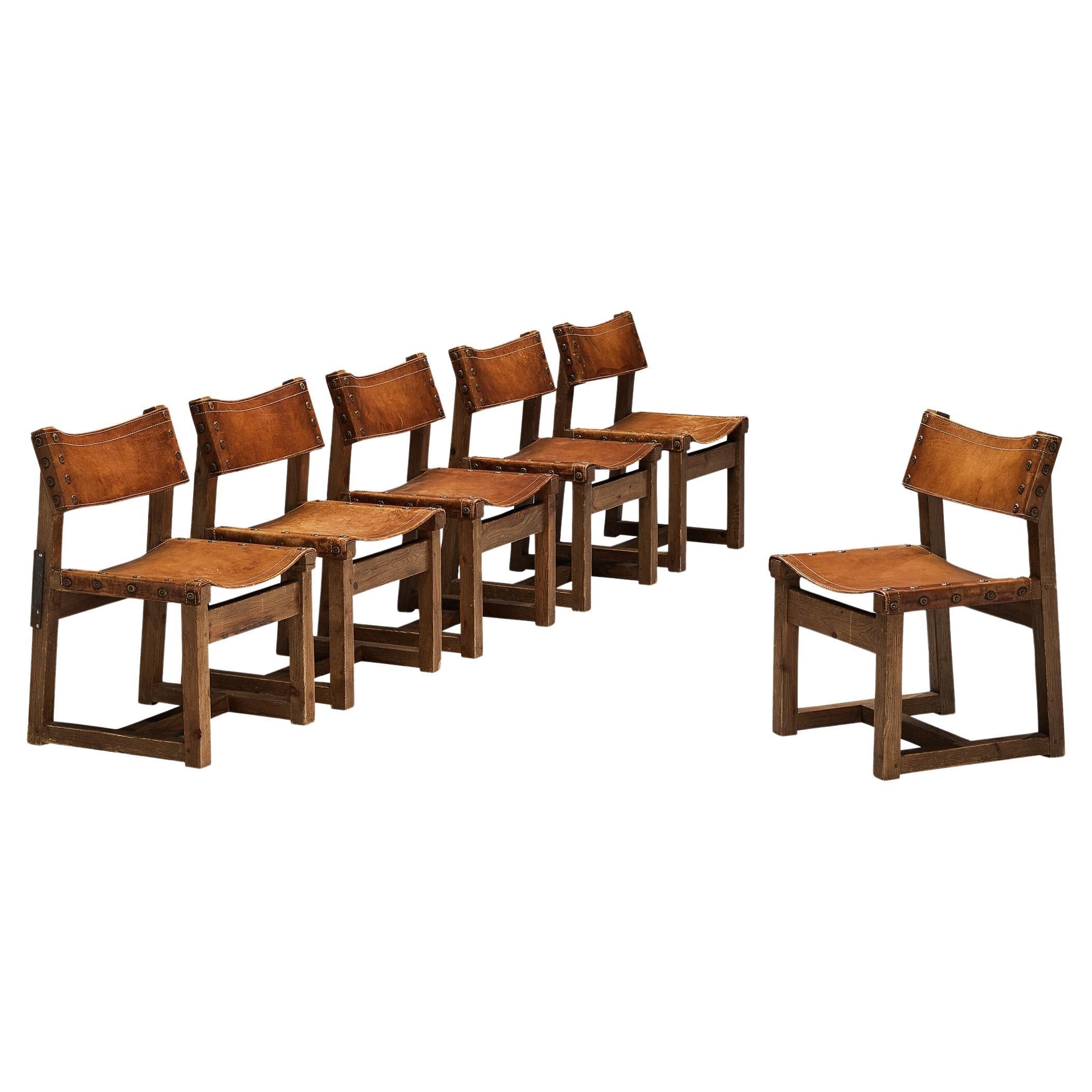 Biosca Brutalist Spanish Dining Chairs in Leather and Oak  For Sale