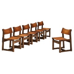 Retro Biosca Brutalist Spanish Dining Chairs in Leather and Oak 