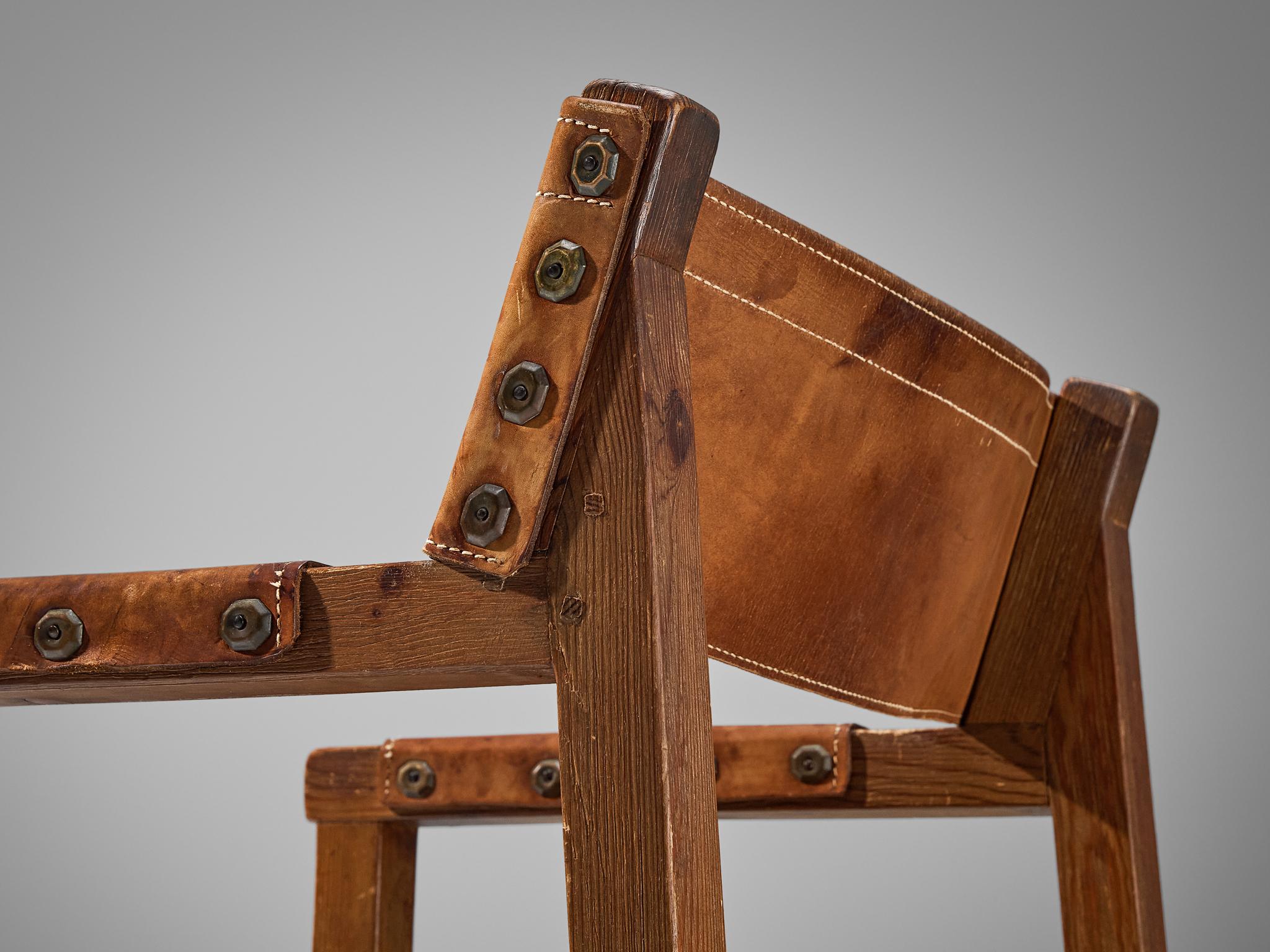 Mid-20th Century Biosca Brutalist Spanish Pair of Armchairs in Cognac Leather and Pine 