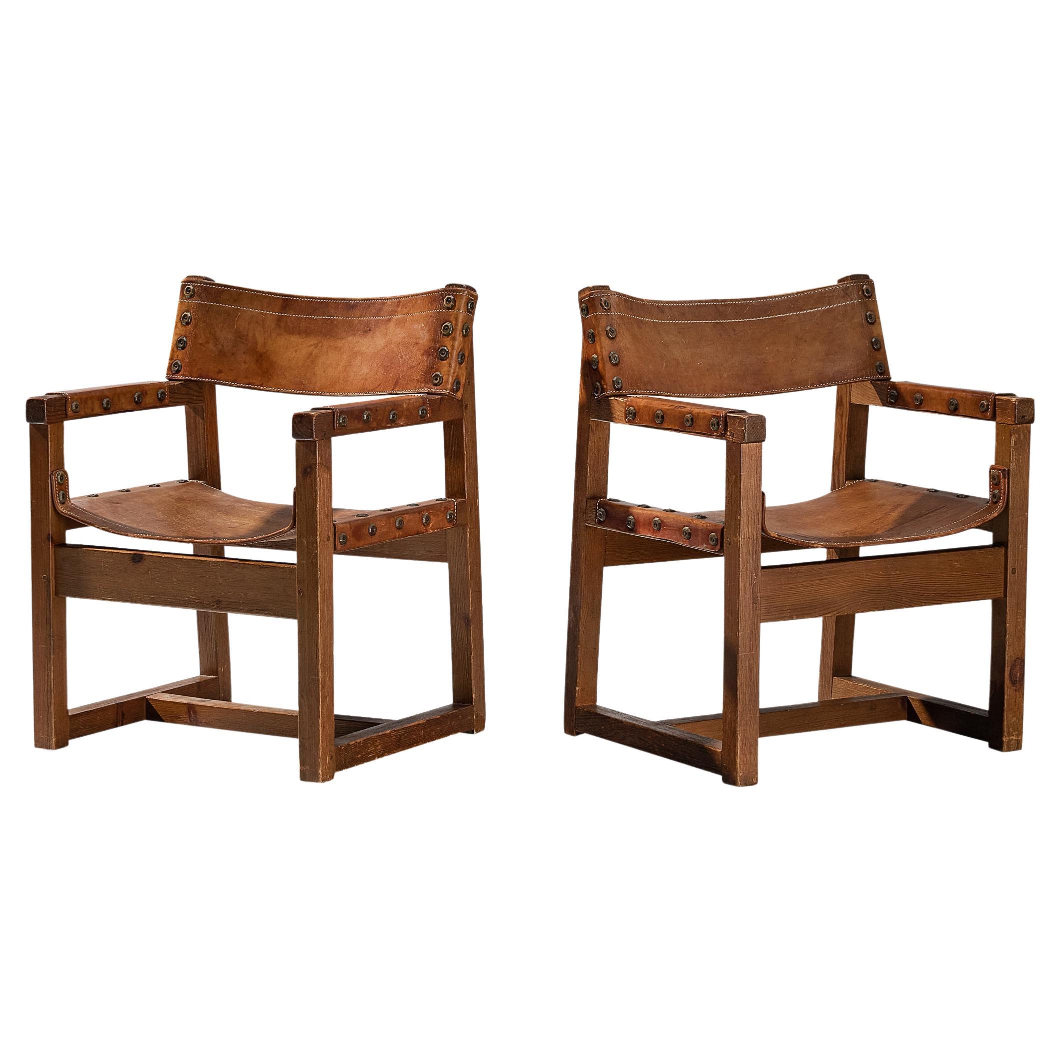 Biosca Brutalist Spanish Pair of Armchairs in Cognac Leather and Pine 