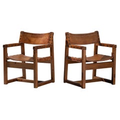 Biosca Brutalist Spanish Pair of Armchairs in Cognac Leather and Pine 
