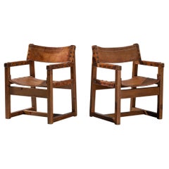 Biosca Brutalist Spanish Pair of Armchairs in Cognac Leather and Pine