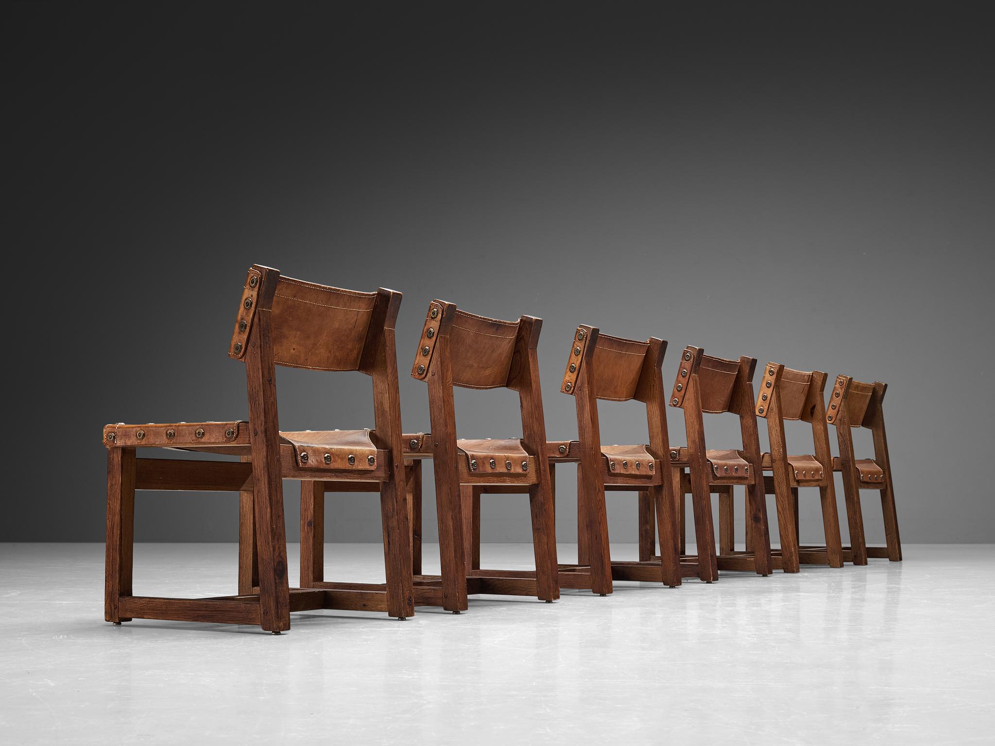 Biosca Brutalist Spanish Set of Six Dining Chairs in Cognac Leather and Pine 1