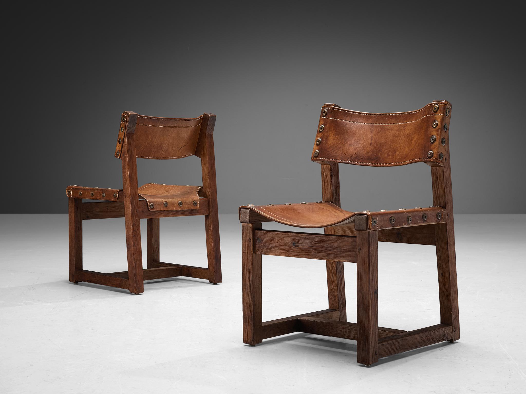 Biosca Brutalist Spanish Set of Six Dining Chairs in Cognac Leather and Pine 2