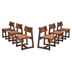 Biosca Brutalist Spanish Set of Six Dining Chairs in Cognac Leather and Pine