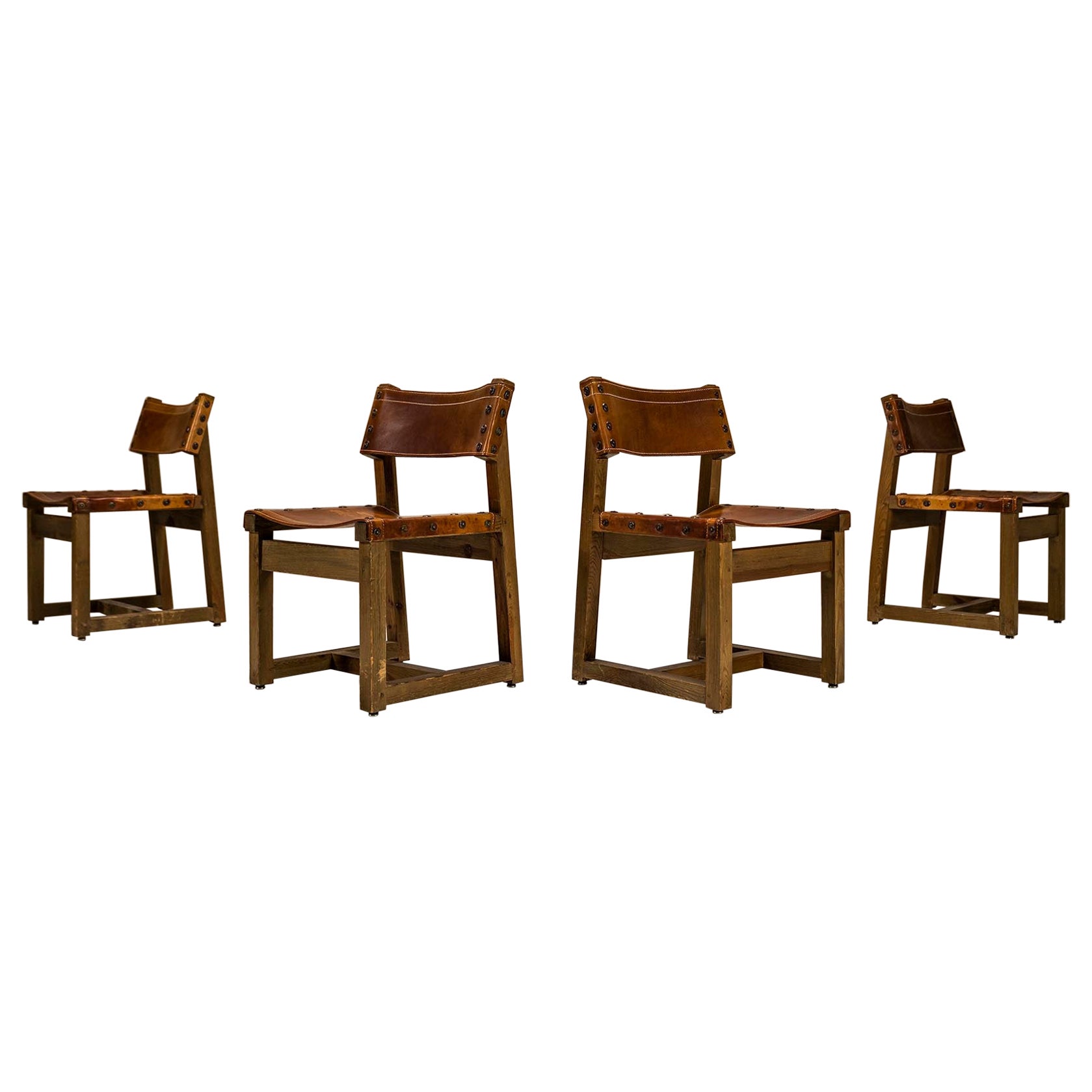 Set di 4 sedie Biosca in legno di pino e pelle color cognac, Spagna, anni '60
