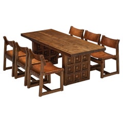 Retro Biosca Spanish Set of Dining Table & Six Dining Chairs in Pine and Leather 