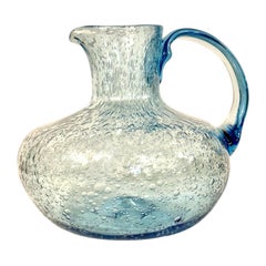 Biot Blue Hand-Blown Bubble Glass Pitcher, France Circa 1950