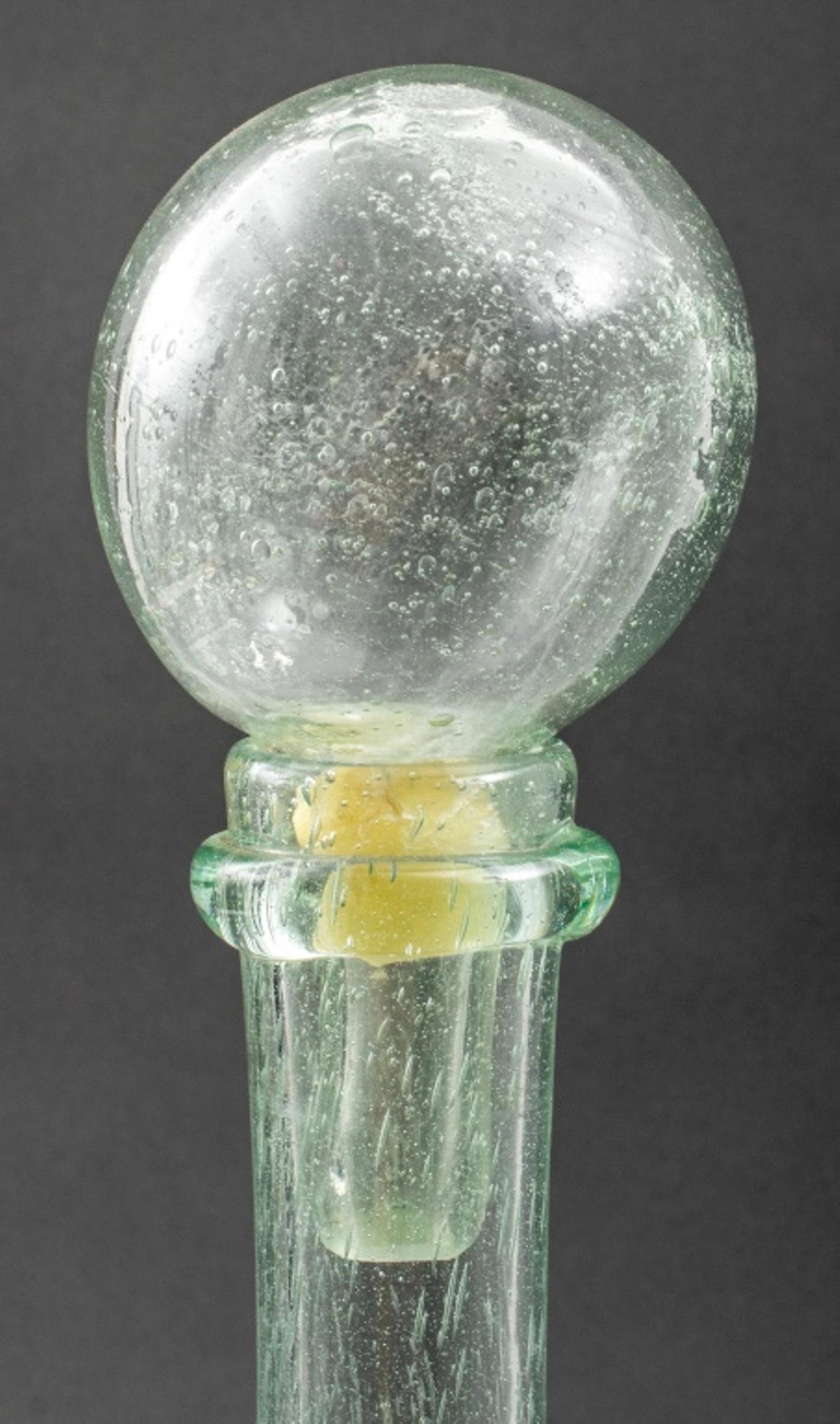La Verrerie de Biot French bubble glass decanter bottle with large ball stopper, marked 'Biot' on the neck. 
Measures: 20.5