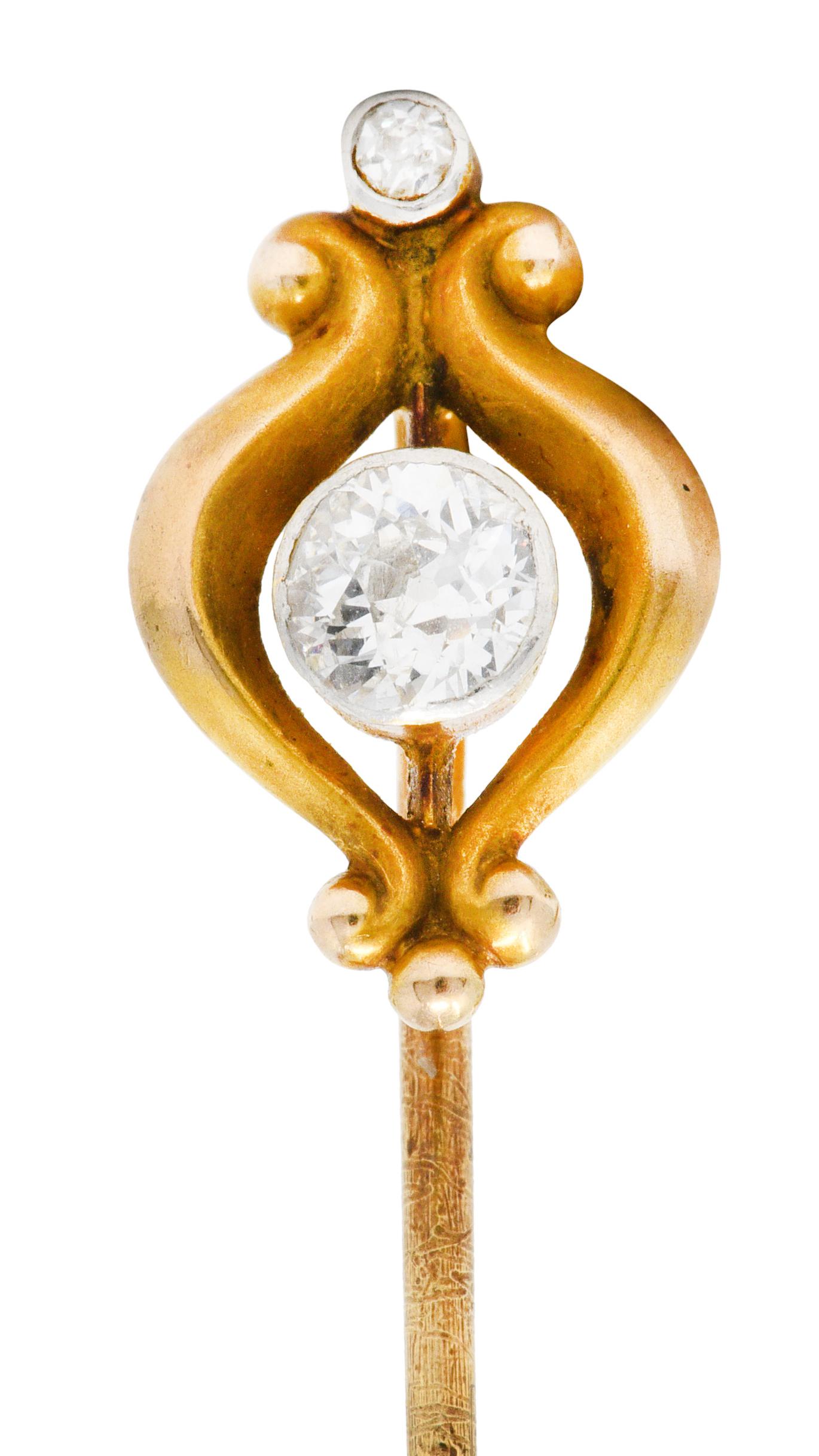 Old European Cut Bippart & Co. 0.28 Carats Diamond 14 Karat Gold Art Nouveau Stickpin