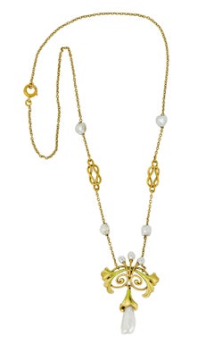 Bippart & Co. Art Nouveau Baroque Pearl Enamel 14 Karat Gold Drop Necklace