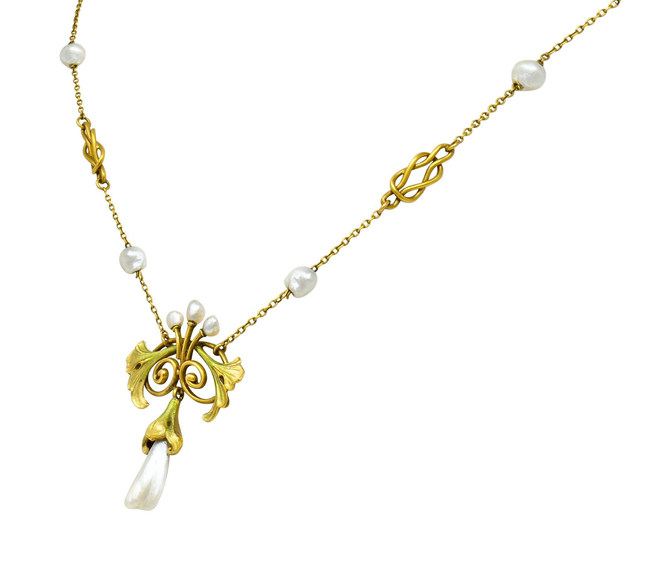 Round Cut Bippart & Co. Art Nouveau Baroque Pearl Enamel 14 Karat Gold Drop Necklace
