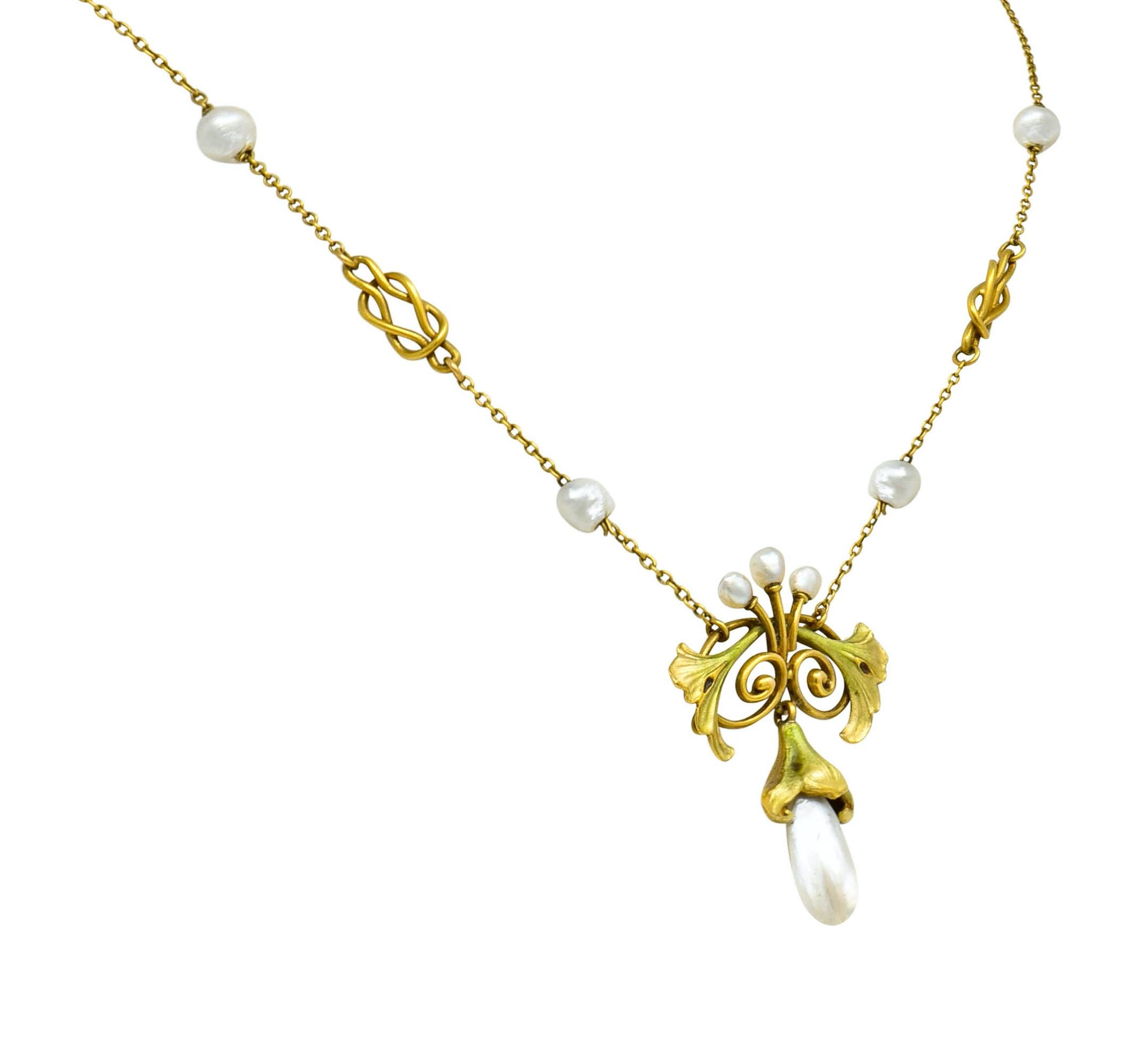 Bippart & Co. Art Nouveau Baroque Pearl Enamel 14 Karat Gold Drop Necklace In Excellent Condition In Philadelphia, PA