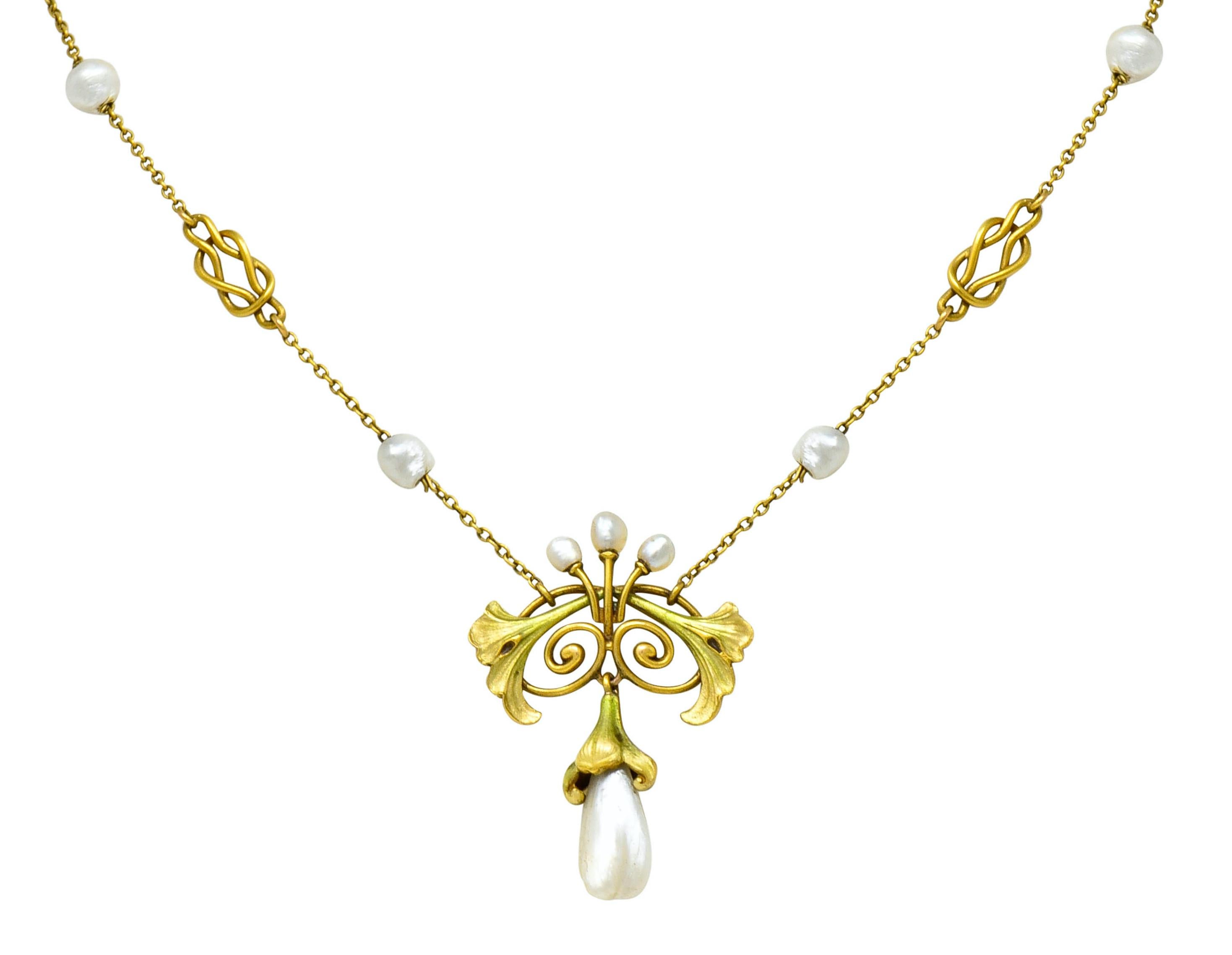 Women's or Men's Bippart & Co. Art Nouveau Baroque Pearl Enamel 14 Karat Gold Drop Necklace