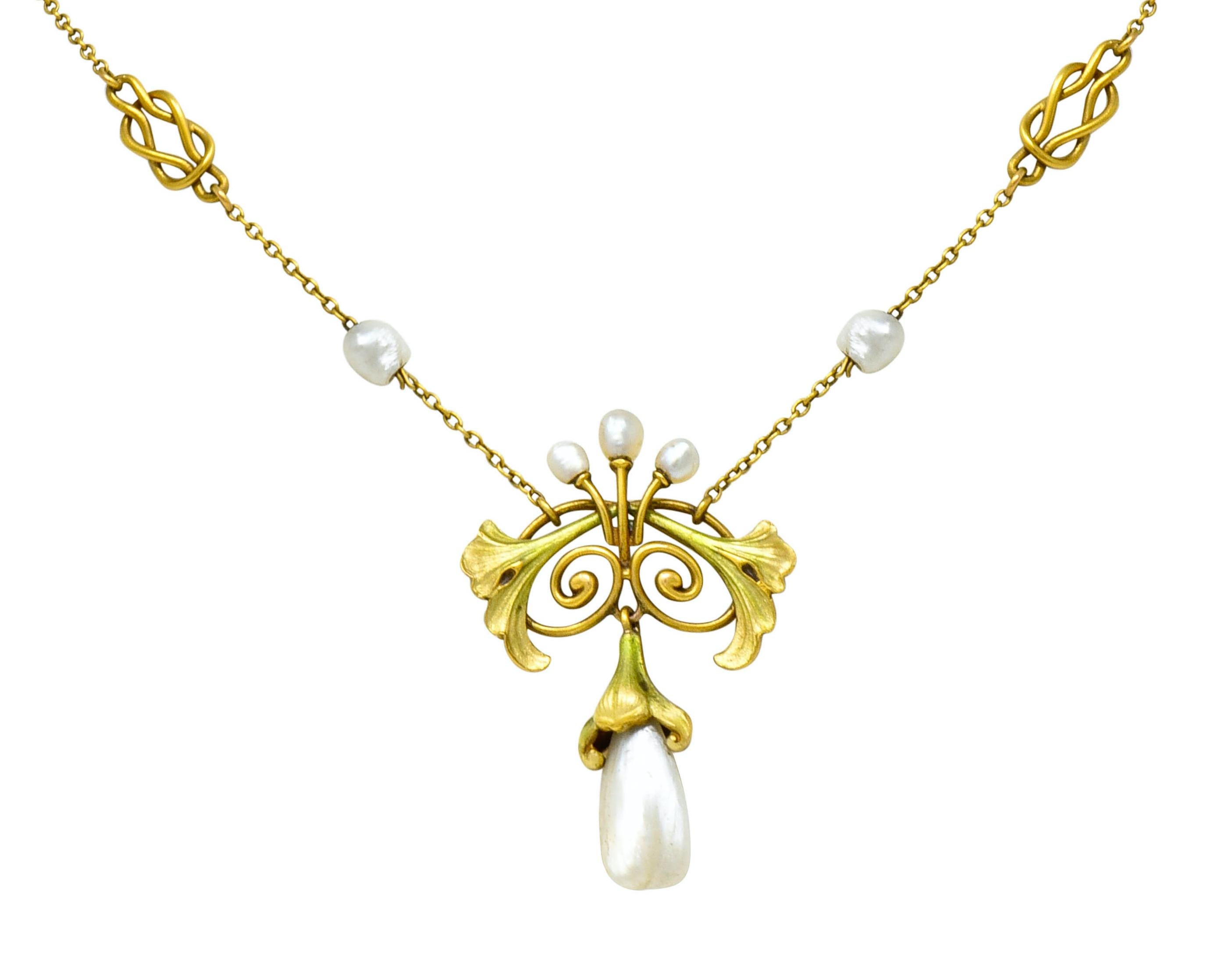 Bippart & Co. Art Nouveau Baroque Pearl Enamel 14 Karat Gold Drop Necklace 4