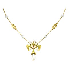 Bippart & Co. Art Nouveau Baroque Pearl Enamel 14 Karat Gold Drop Necklace