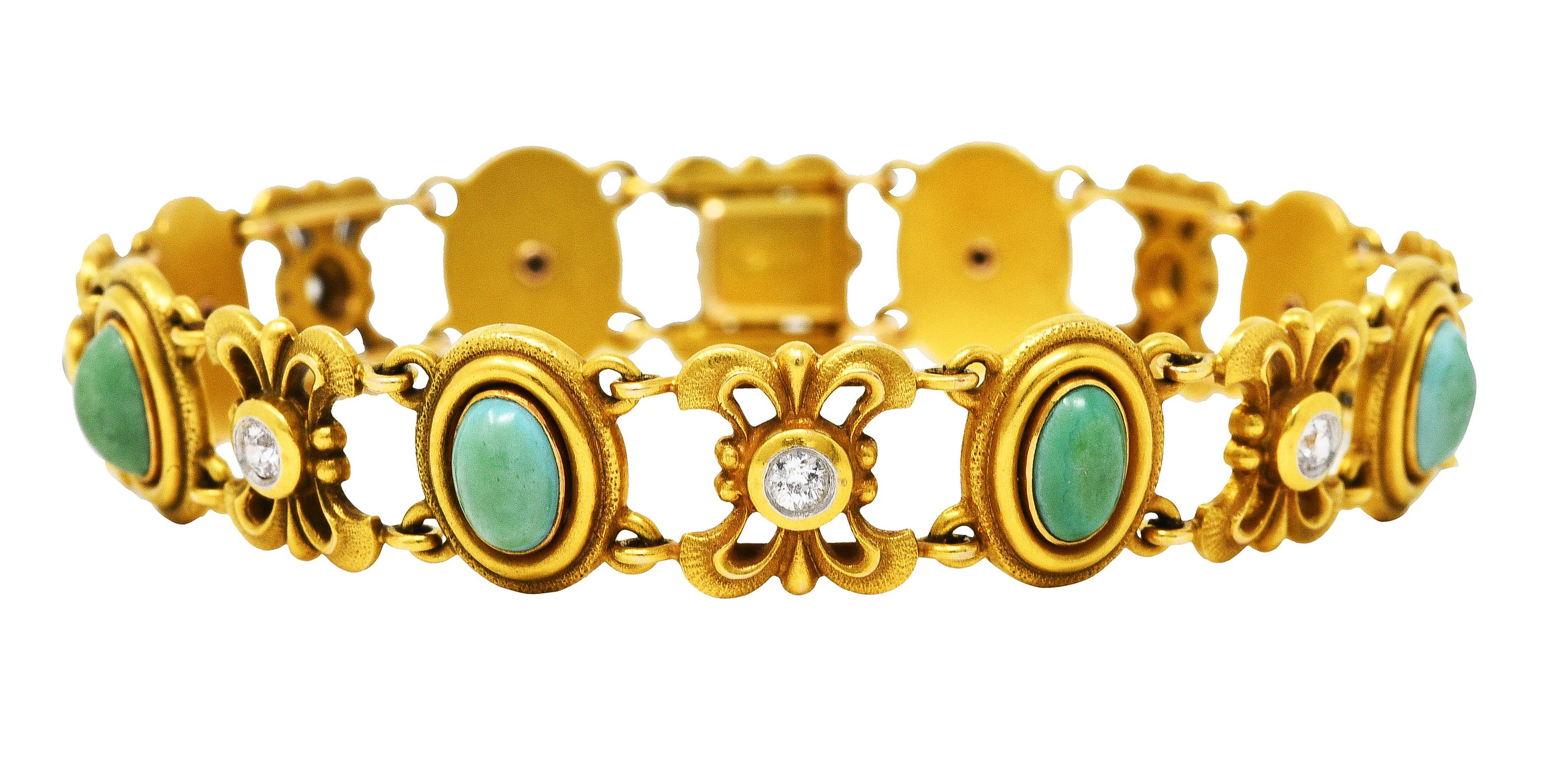 Bippart & Co. Art Nouveau Diamond Turquoise 14 Karat Gold Link Bracelet 5