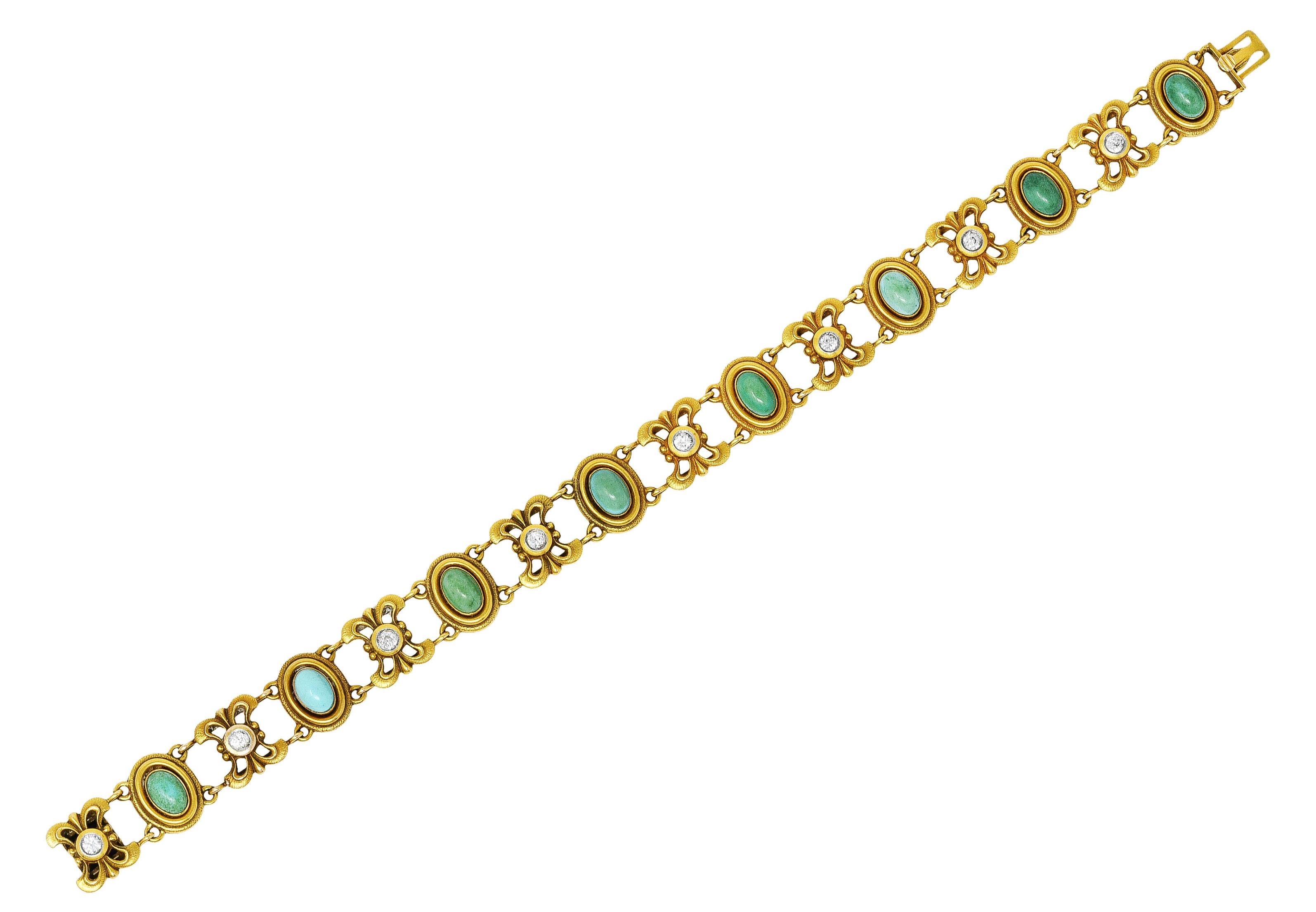 Link style bracelet is comprised of textured whiplash links

Centering bezel set old European cut diamonds

Weighing in total approximately 0.65 carat - I/J color with SI clarity

Alternating with oval links bezel set with turquoise cabochons