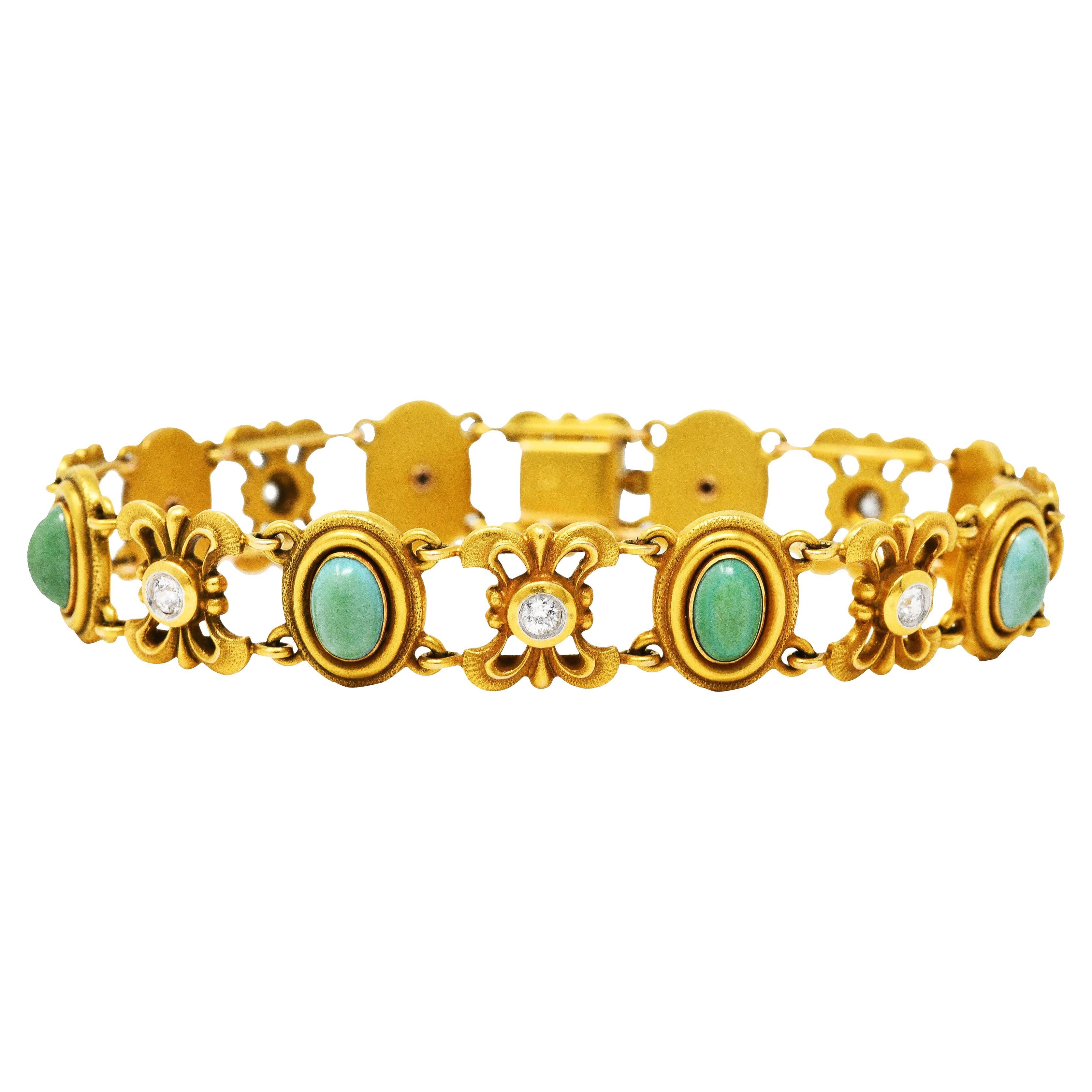 Cabochon Bippart & Co. Art Nouveau Diamond Turquoise 14 Karat Gold Link Bracelet