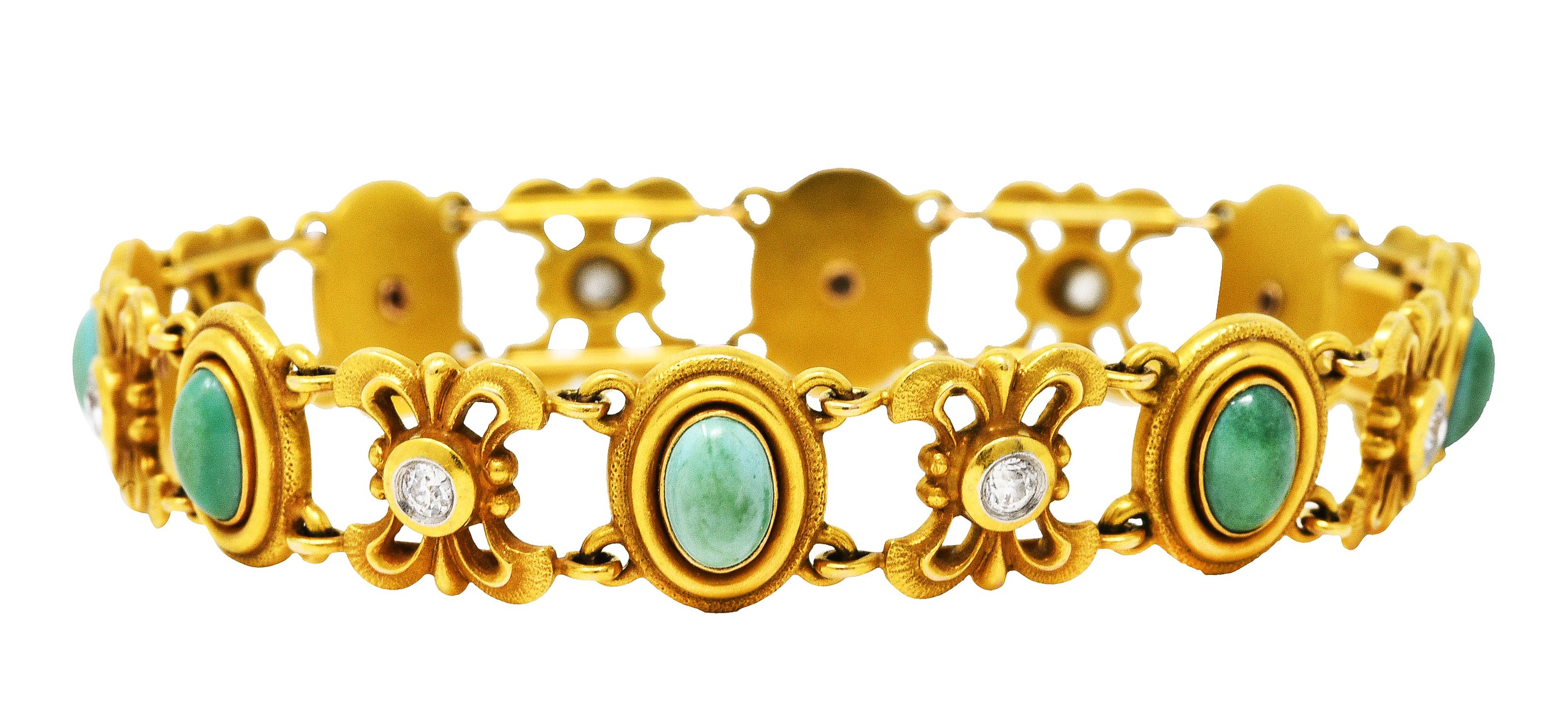 Bippart & Co. Art Nouveau Diamond Turquoise 14 Karat Gold Link Bracelet In Excellent Condition In Philadelphia, PA